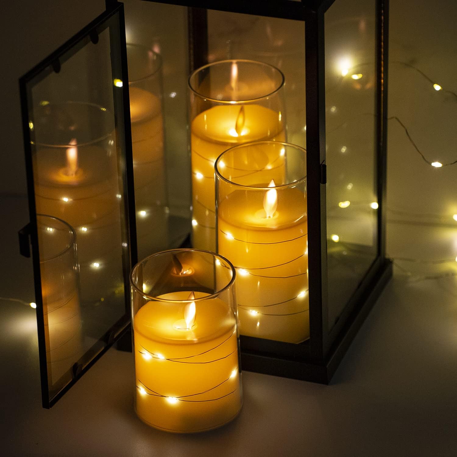 Thumbnail 4 de Salipt LED Flameless Candles, Battery Operated Flickering Candles Set of 3 (Glass Effect) with Remote Timer – Ivory
