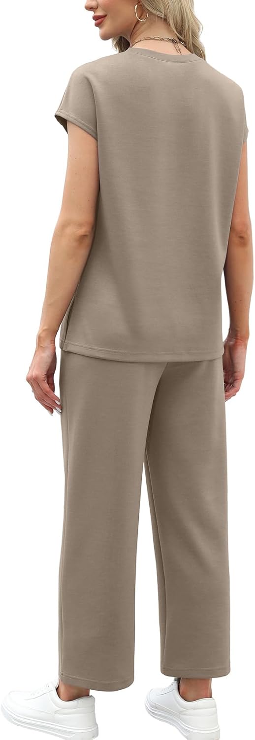 Detalle 1 de WIHOLL Two-Piece Cap Sleeve Lounge Set with Wide-Leg Crop Pants (S–3XL)