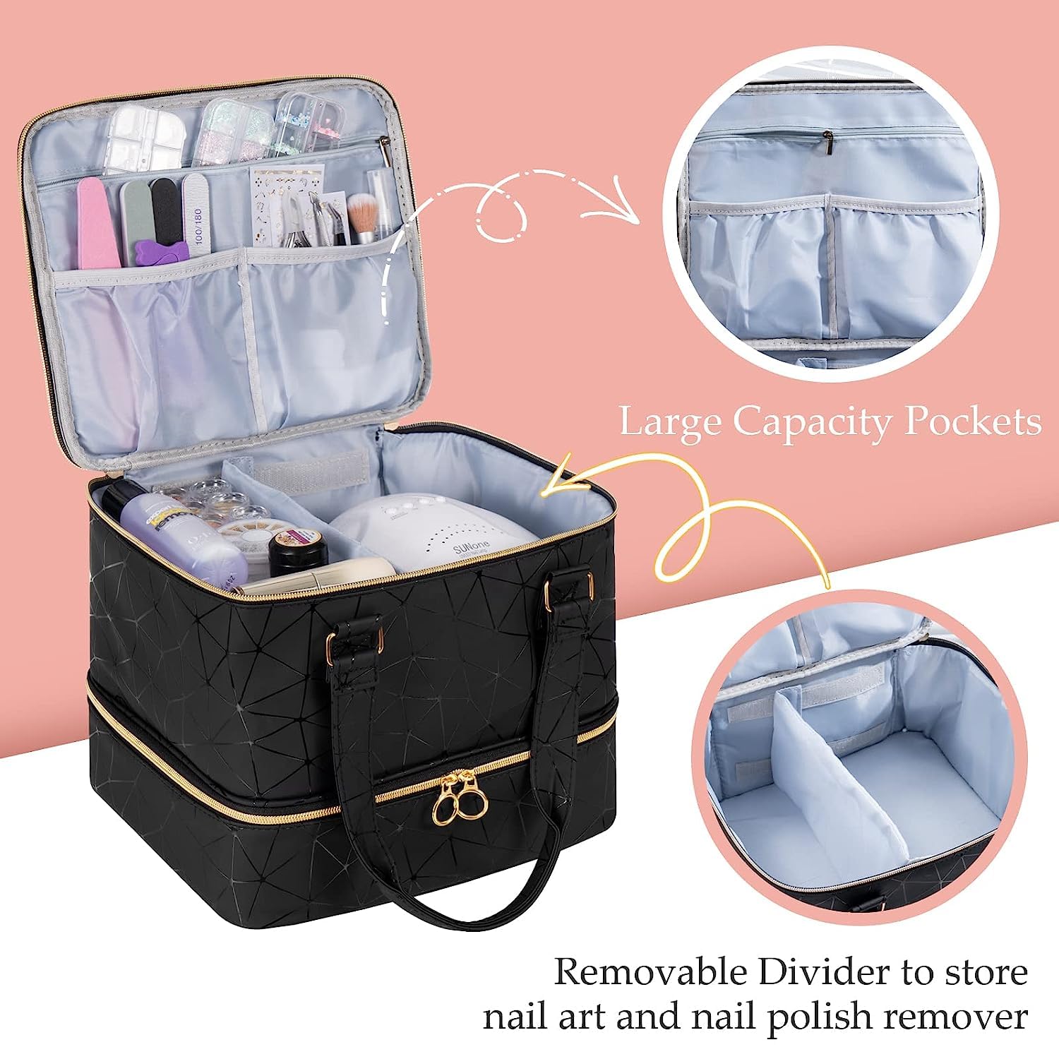 Detalle de Uross Nagellack-Aufbewahrung Organizer für 42 Nagellackflaschen und 1 LED-Nagellampe (schwarz)