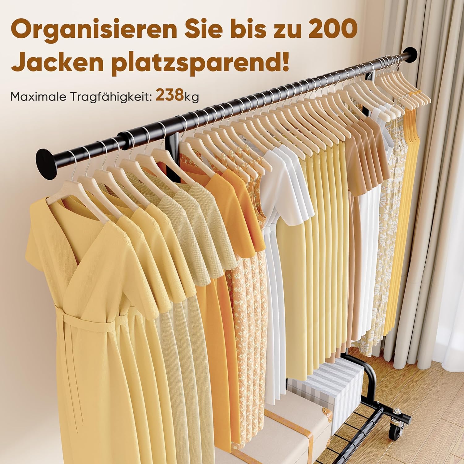 Detalle 2 de HOKEEPER Heavy Duty Clothes Rail 238kg Capacity — Extendable, Locking Wheels and Bottom Shelf