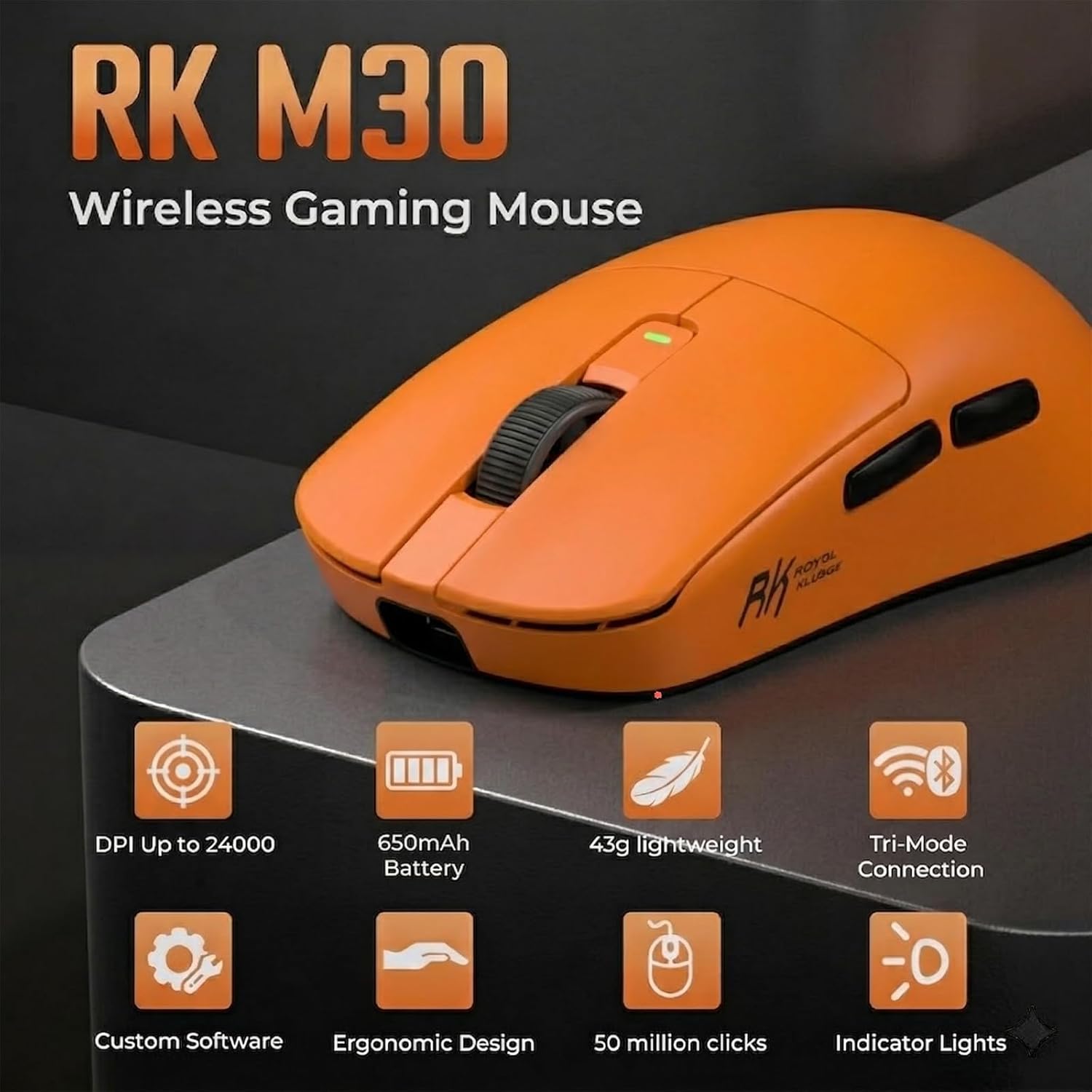 Thumbnail 1 de RK ROYAL KLUDGE M30 Wireless Gaming Mouse (Orange) – 43g tri-mode with PixArt PAW3311 sensor up to 24000 DPI