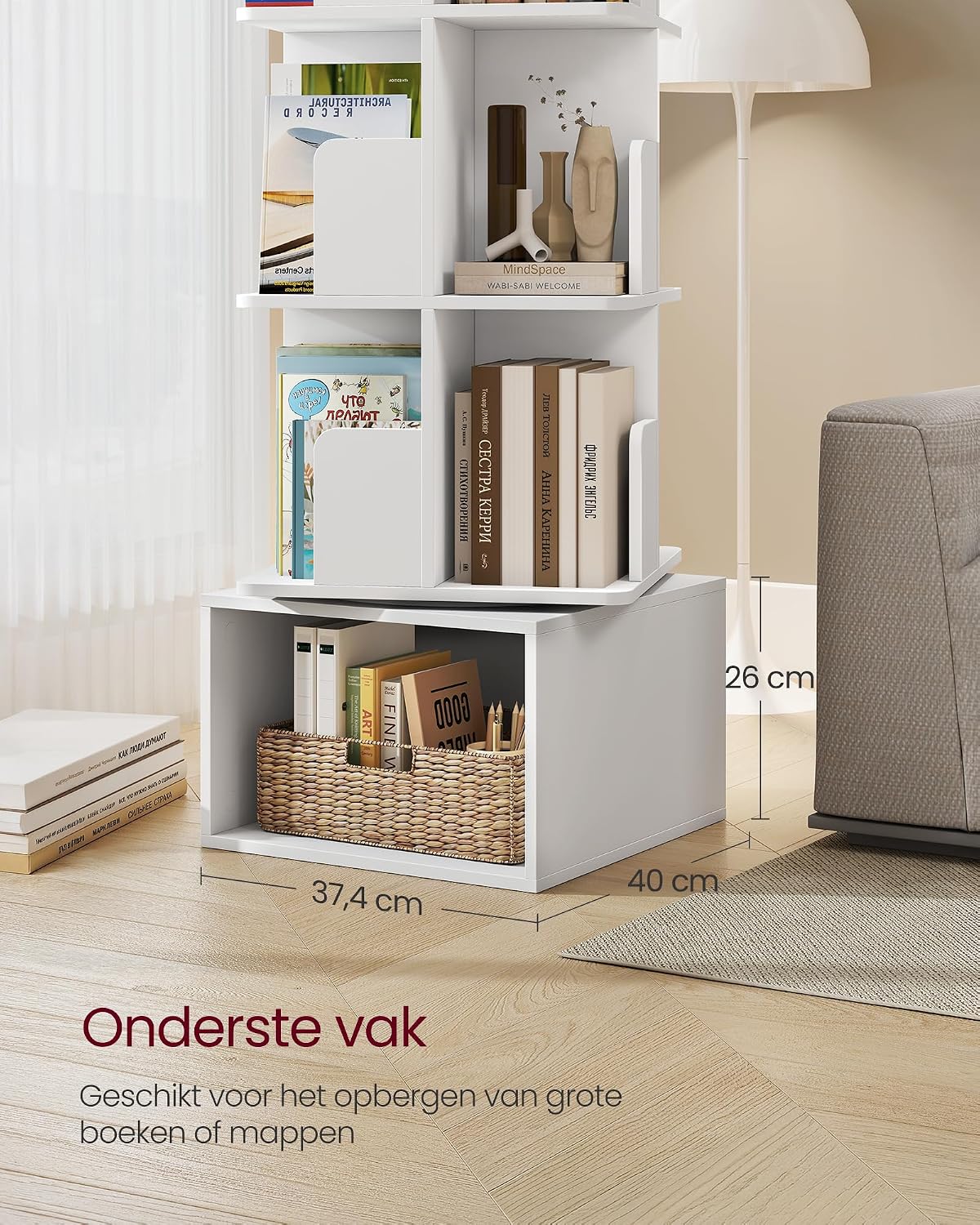 Thumbnail 5 de VASAGLE Custos Collectie LBC471WB01 draaibare boekenkast, 4 planken, Cloud White