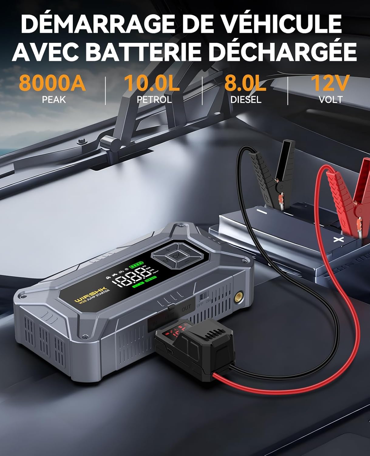 Thumbnail 1 de WIRSHK Booster Batterie Voiture 8000A avec Gonfleur Pneus 160 PSI – Démarreur + Compresseur et Power Bank