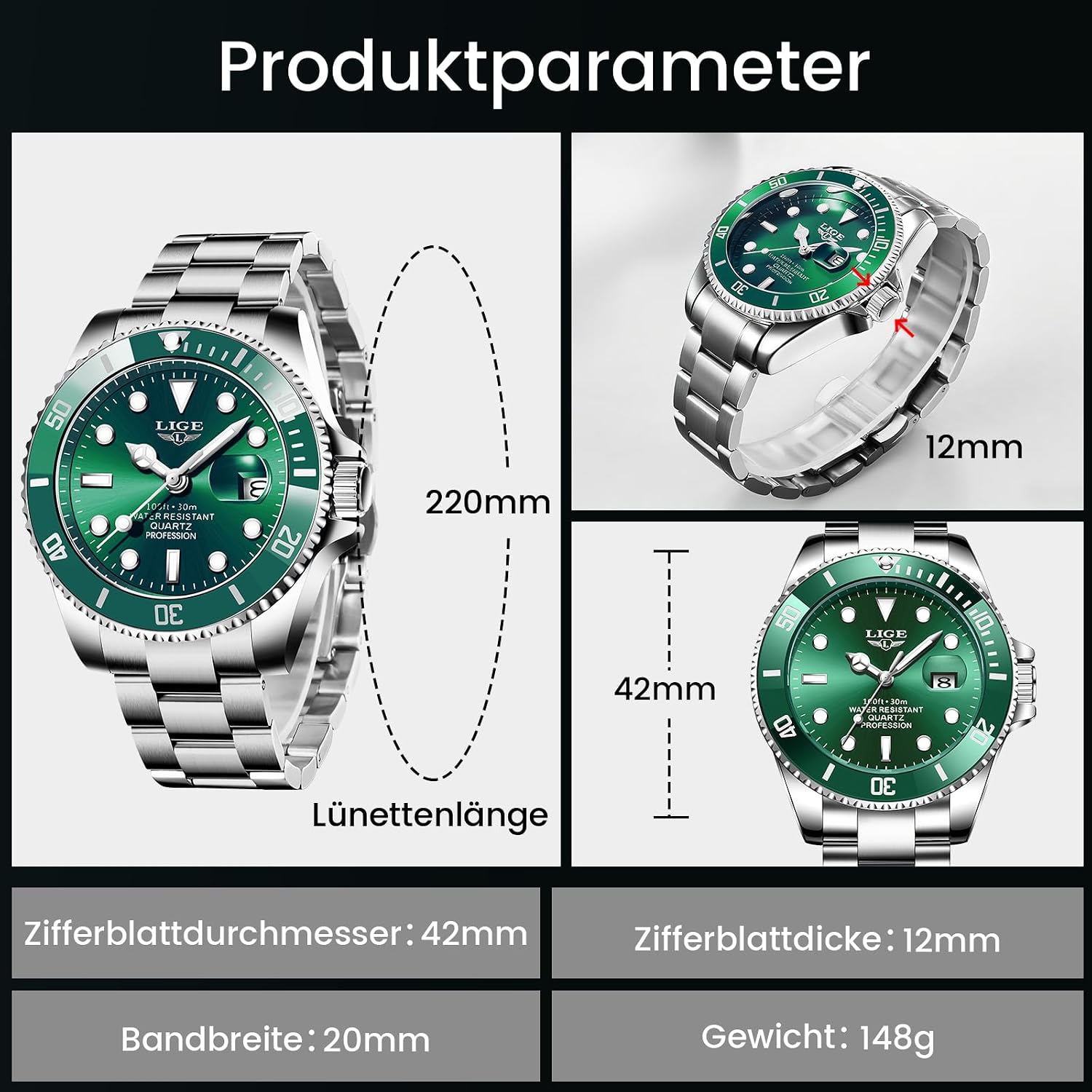 Detalle de LIGE Herrenuhr mit analogem Quarzwerk, Kalenderfunktion und 3ATM Wasserdicht (30M)