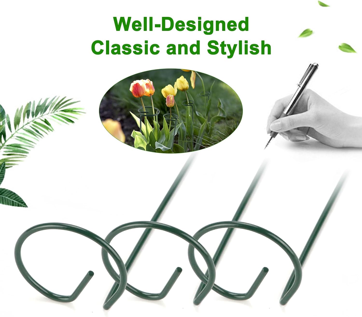 Detalle de Homvvi 8 Pack Plant Support Stakes – 35 Inches Adjustable Single Stem Flower Support with Open Ring Design