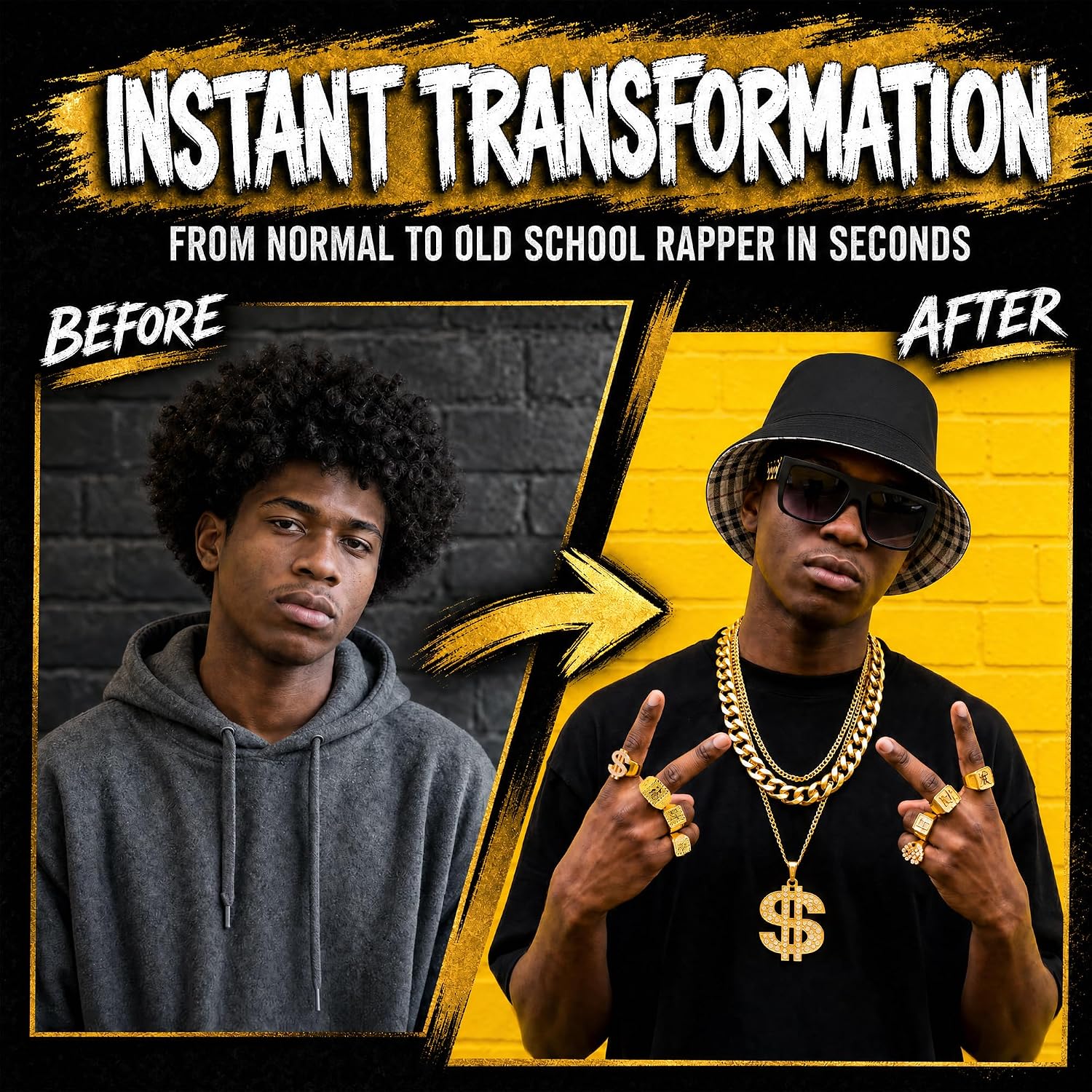 Detalle 2 de Hip Hop Costume Kit – Gold Chain, Dollar Sign Necklace & Accessories