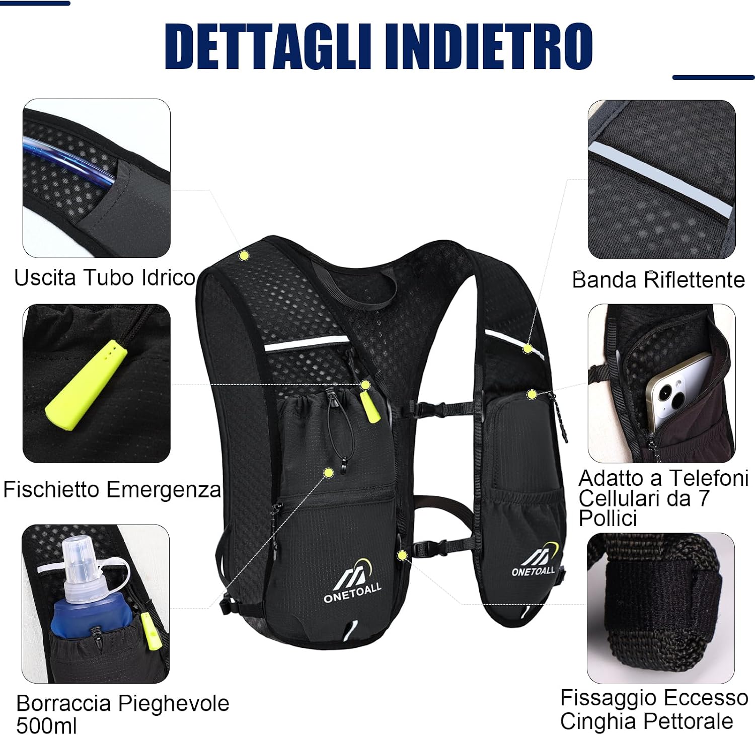 Detalle de ONETOALL Zaino Trail Running: Gilet Running con borraccia 500 ml e sacca idrica 2L, ultraleggero 150 g