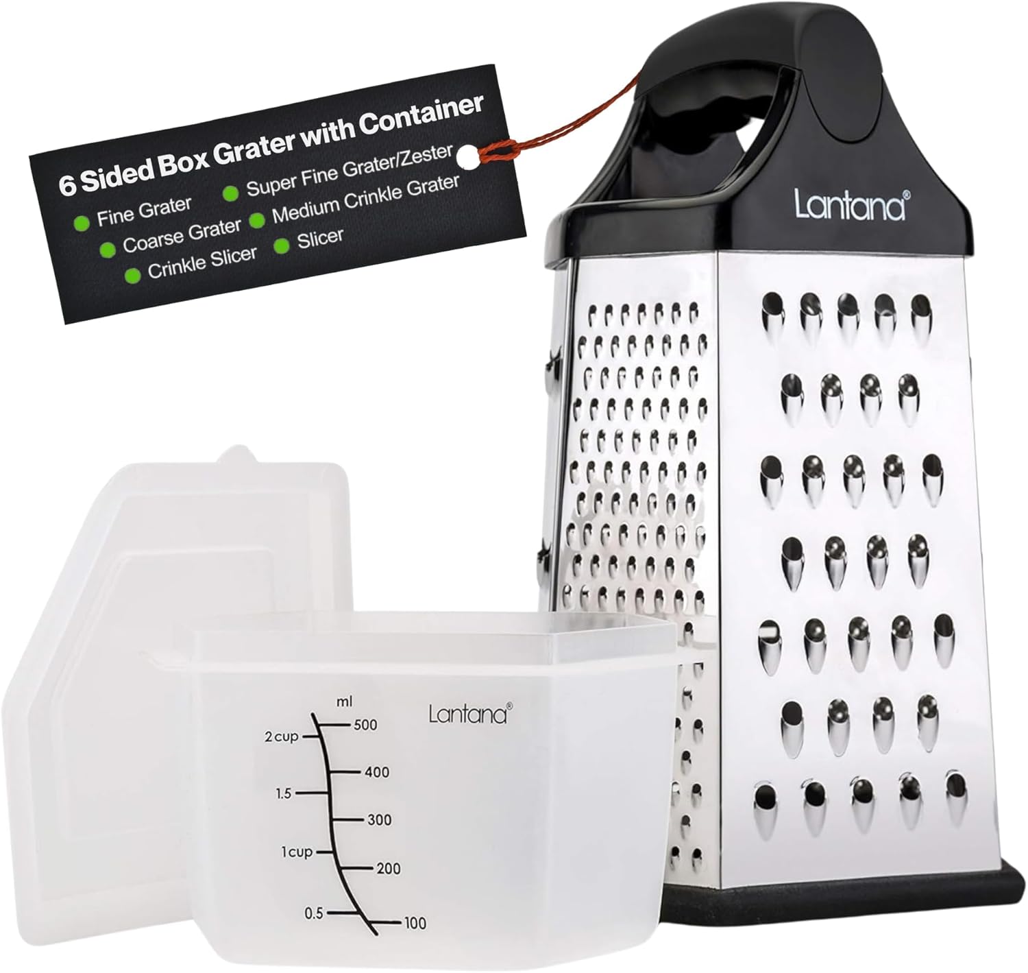 Lantana Cheese Grater with Container & Lid (6-in-1 Handheld Stainless Steel Box Shredder)
