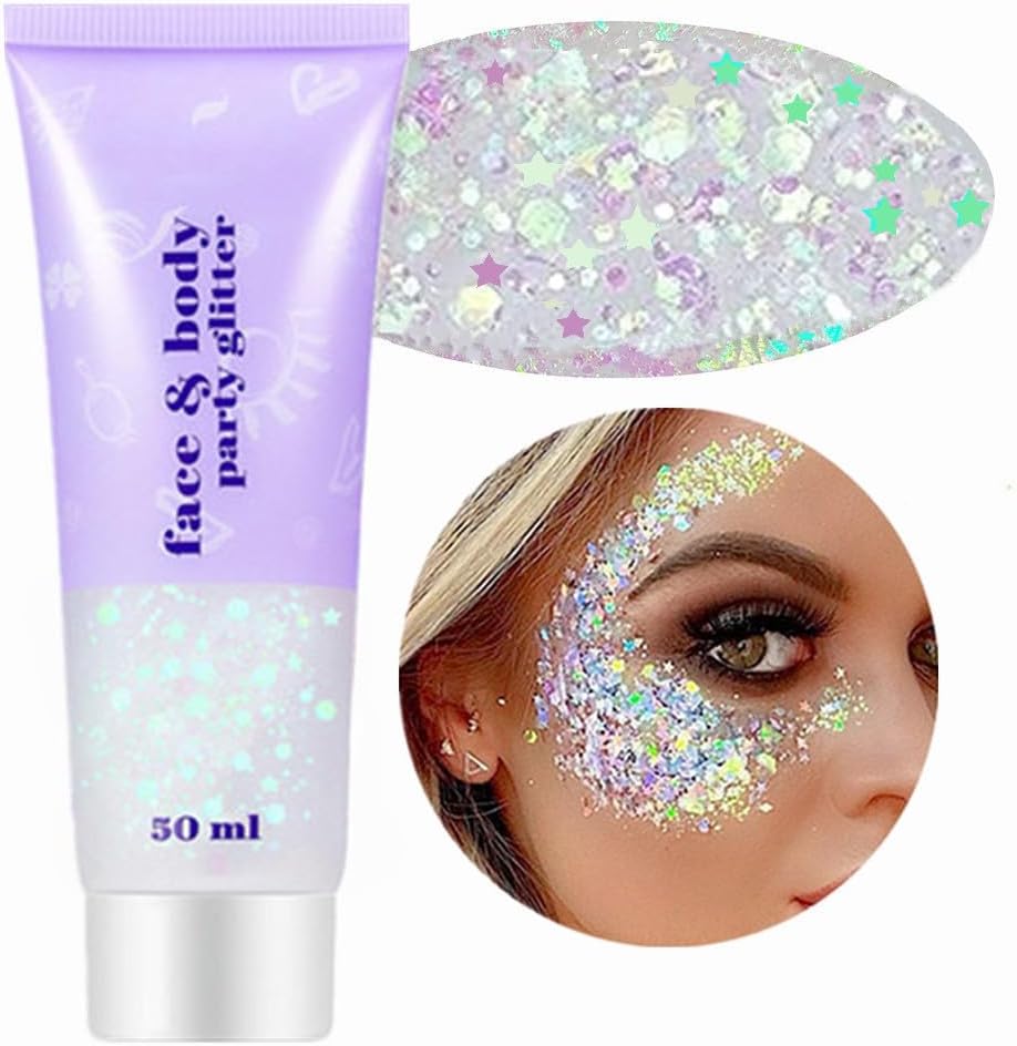 Go Ho Clear White Face & Body Glitter Gel (Holographic Chunky Sequins) for Party, Rave, and Halloween Makeup