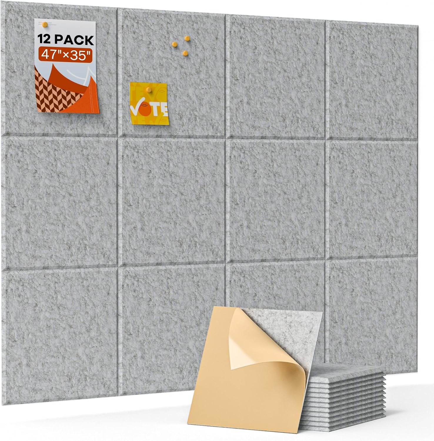 Detalle de Soundsbay Large Cork Board Felt Wall Tiles (120x90cm) – Self-Adhesive 12 Pack