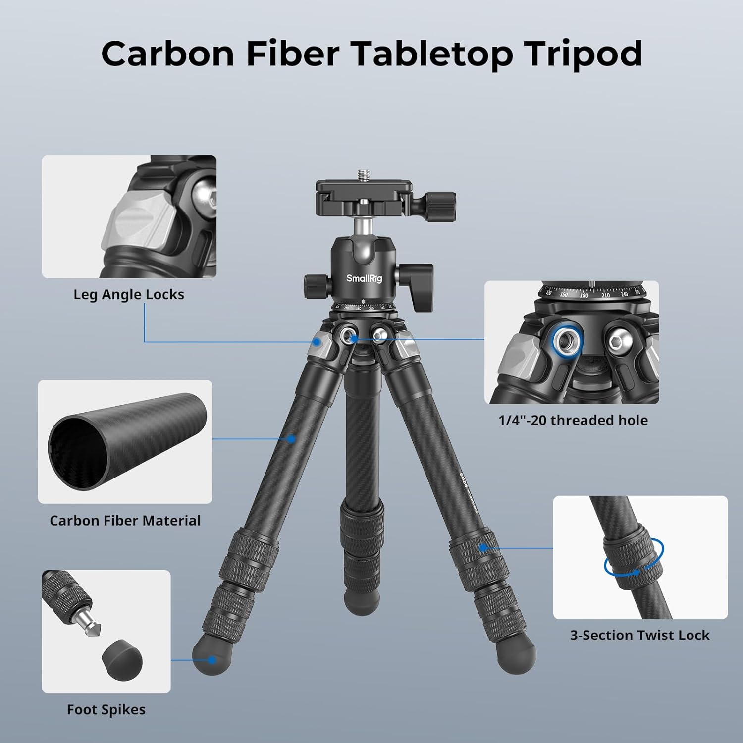 Detalle de SmallRig Mini Trépied de Bureau en Fibre de Carbone — 15,5''/39,5 cm, Rotation 360°, Plaque QR Arca