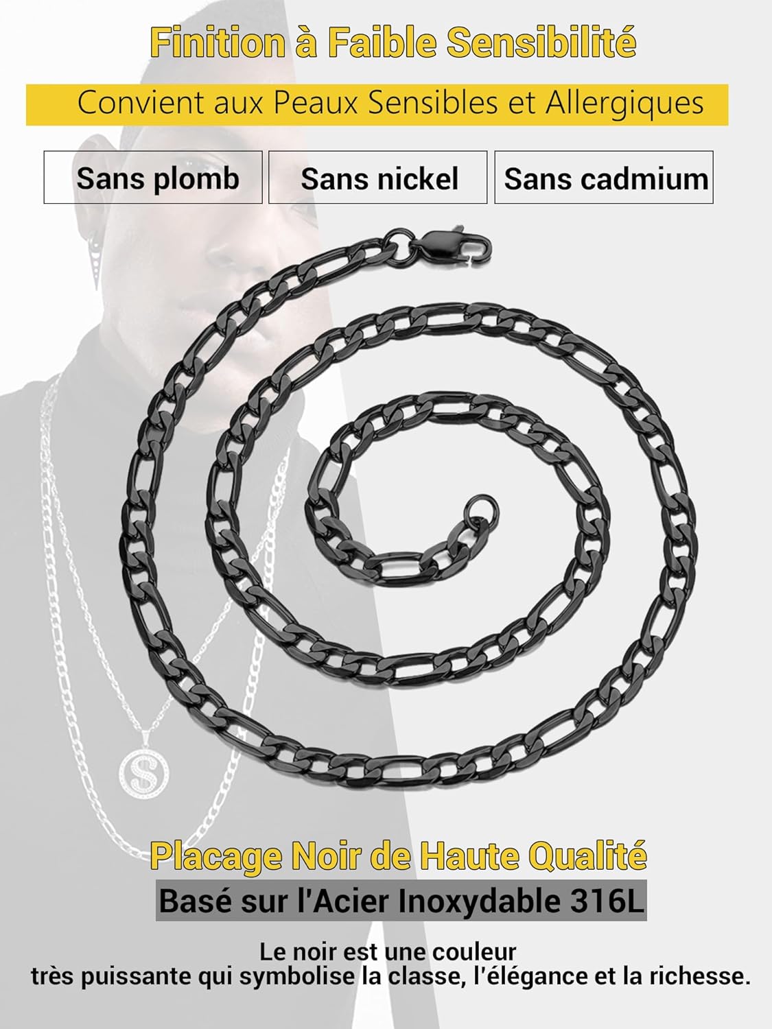 Thumbnail 2 de PROSTEEL Collier Figaro en Acier Inoxydable 316L – Maillon Alterné 3 en 1 (4/6/9/13 mm) – Longueurs 36 à 76 cm