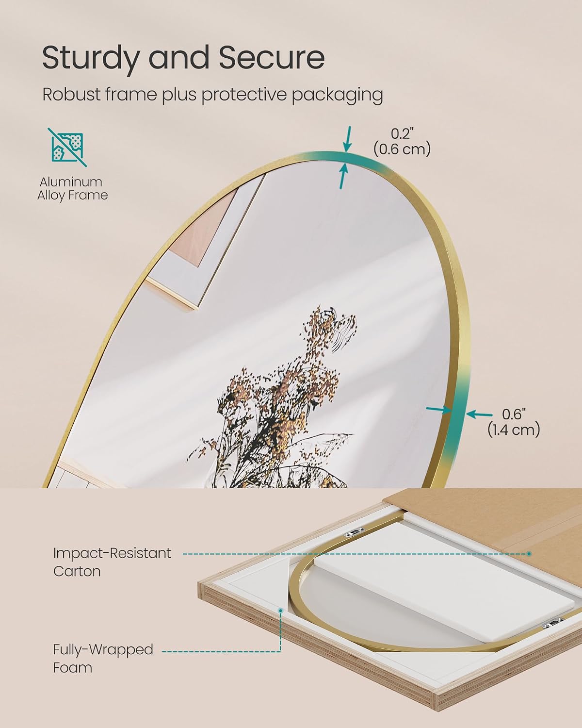 Detalle 2 de SONGMICS ULFM031A01 Arched Full-Length Mirror, 63 x 20 Inches, Pale Gold
