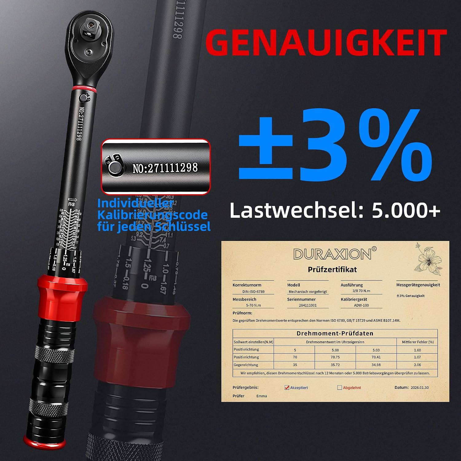 Thumbnail 5 de DURAXION Drehmomentschlüssel Motorrad 3/8 Zoll – 5–70 Nm, ±3% Kalibrierung, 72 Zähne