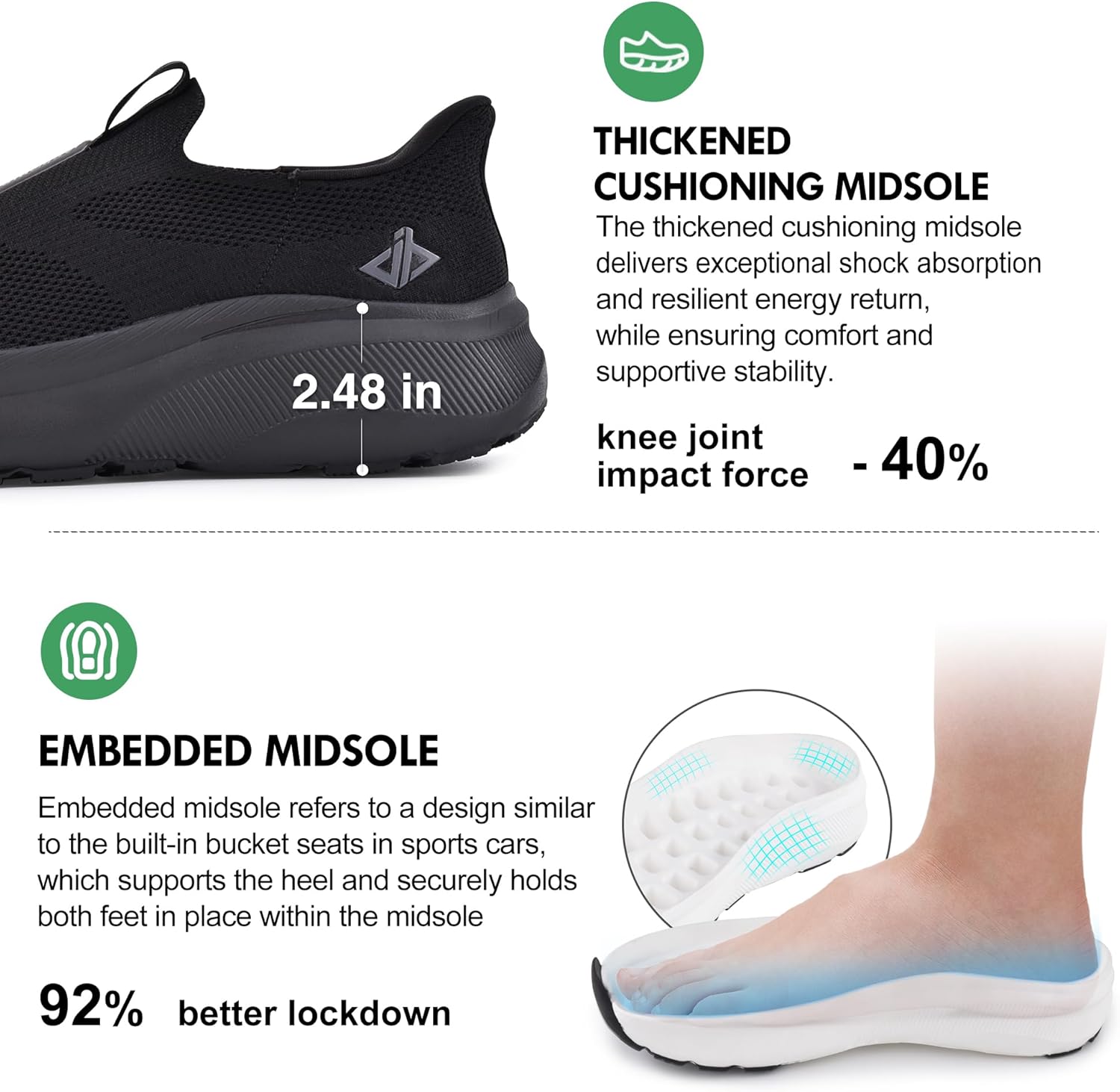 Detalle de JACKSHIBO Slip-in Free Up Hands Shoes: Wide Toe Box, Arch Support, and Cushioned Zero-Drop Comfort