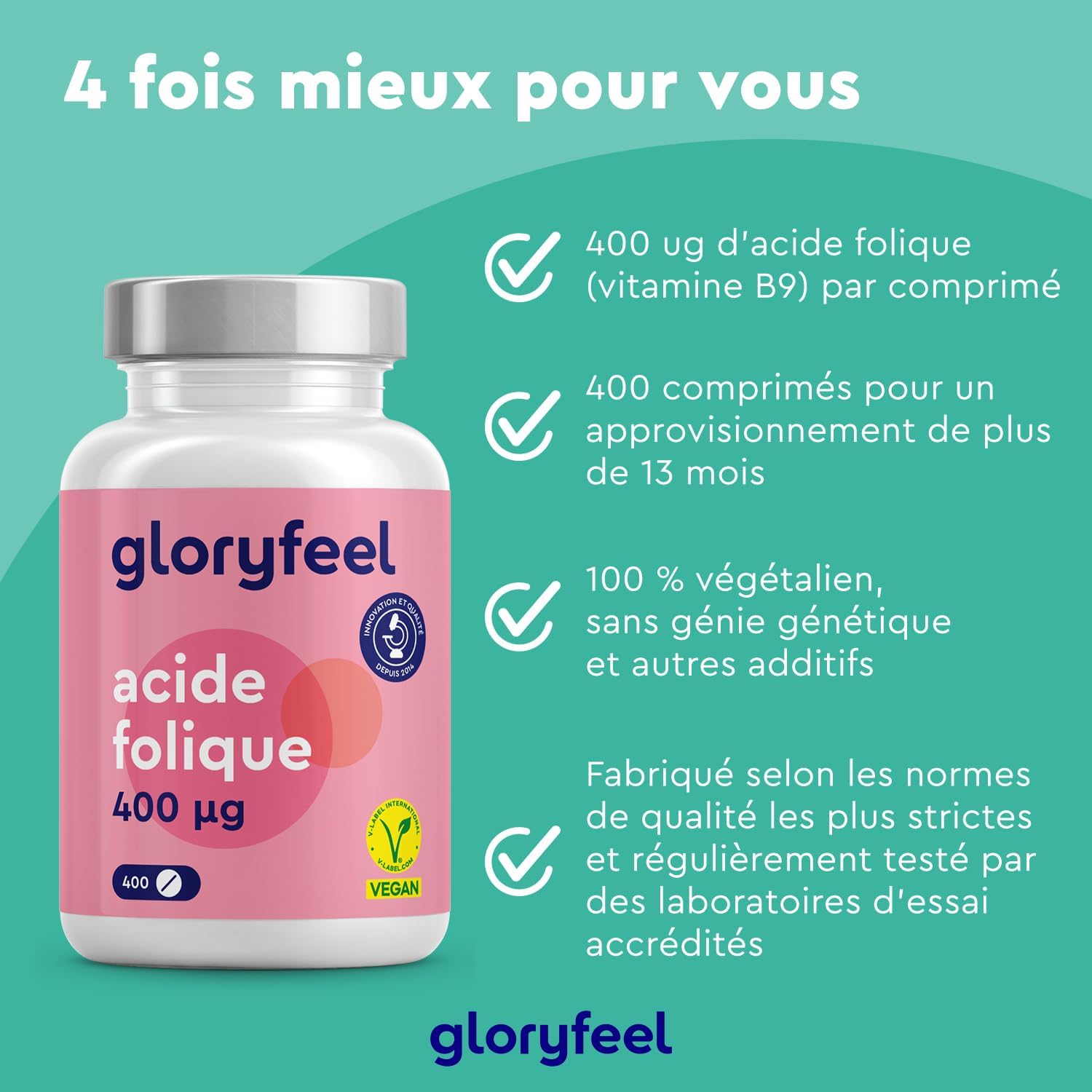 Detalle 2 de Acide Folique Vitamine B9 400 µg – 400 comprimés (13 mois), 100% végétalien et sans additifs