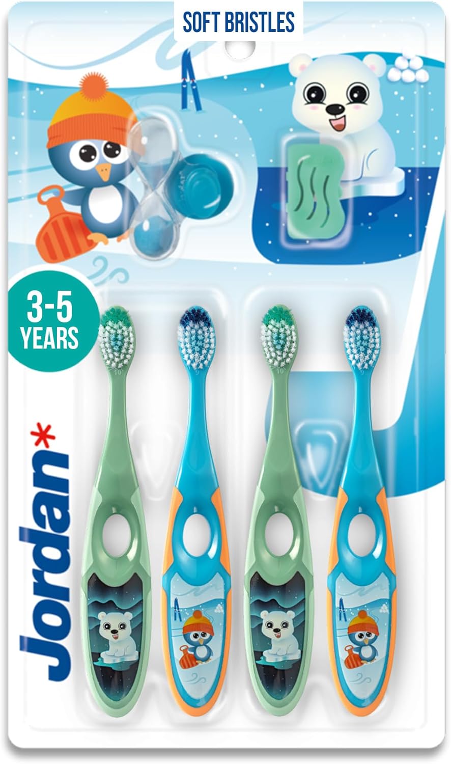 Detalle de Jordan Step 2 : Brosse à dents pour enfants (3–5 ans) — Pack 4, poils souples, double poignée
