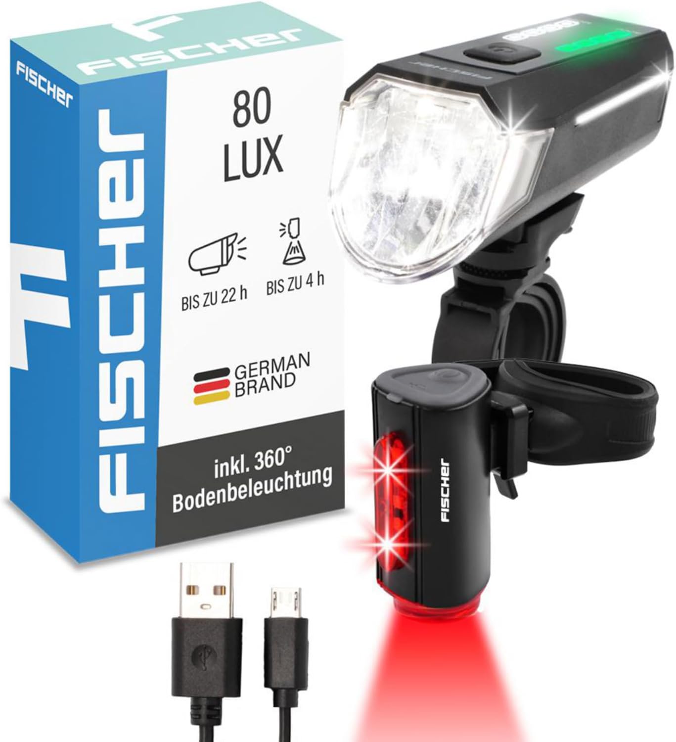 Thumbnail 1 de Fischer Bicycle Lighting Set 80/40/20 Lux with 360° Rear Light and USB Charging