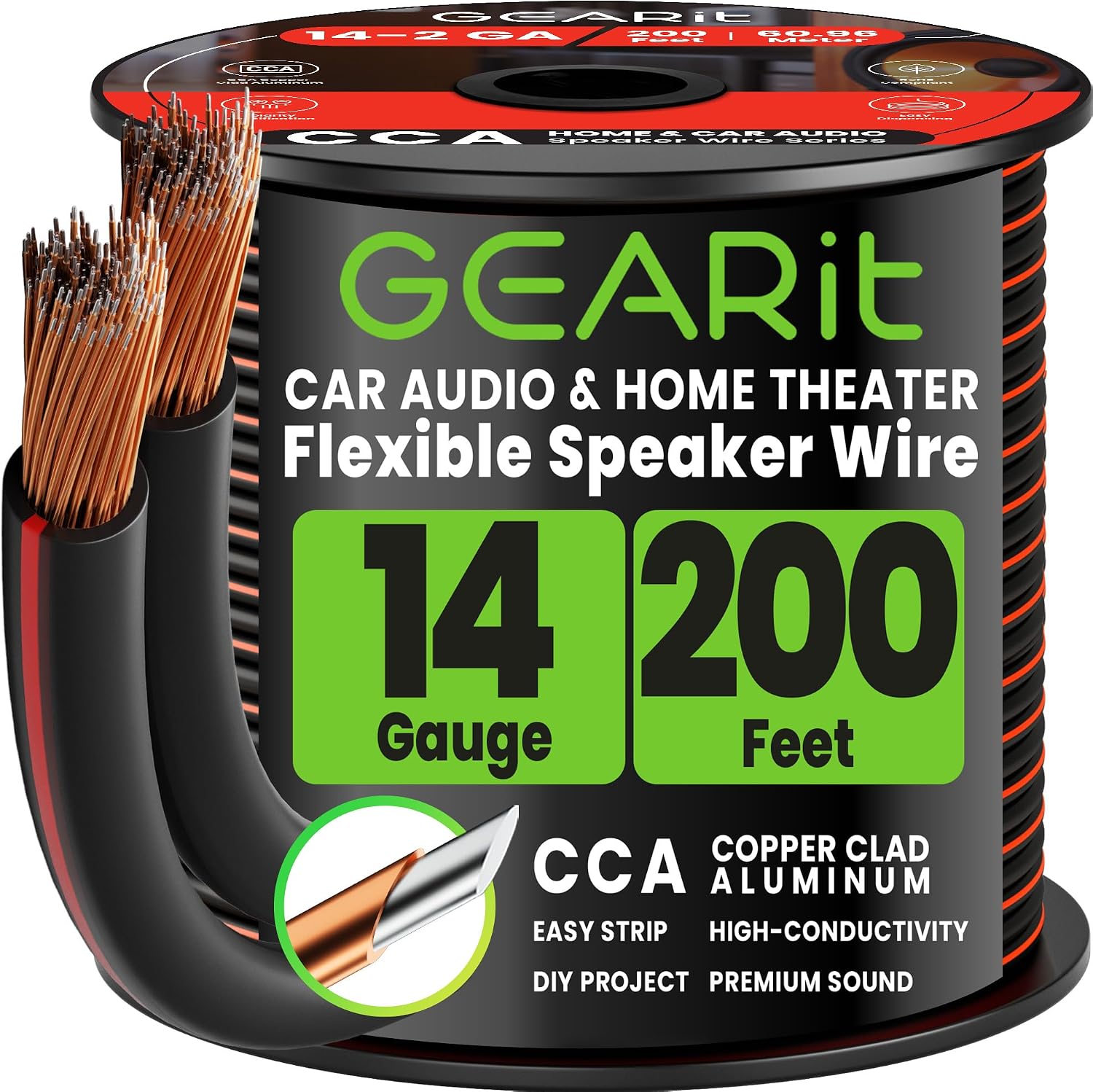 Detalle de GEARit 2x2.5mm² Speaker Cable 60.96m/200ft – 14AWG Twin Core, Ultra Flexible, CCA, with Polarity Markings