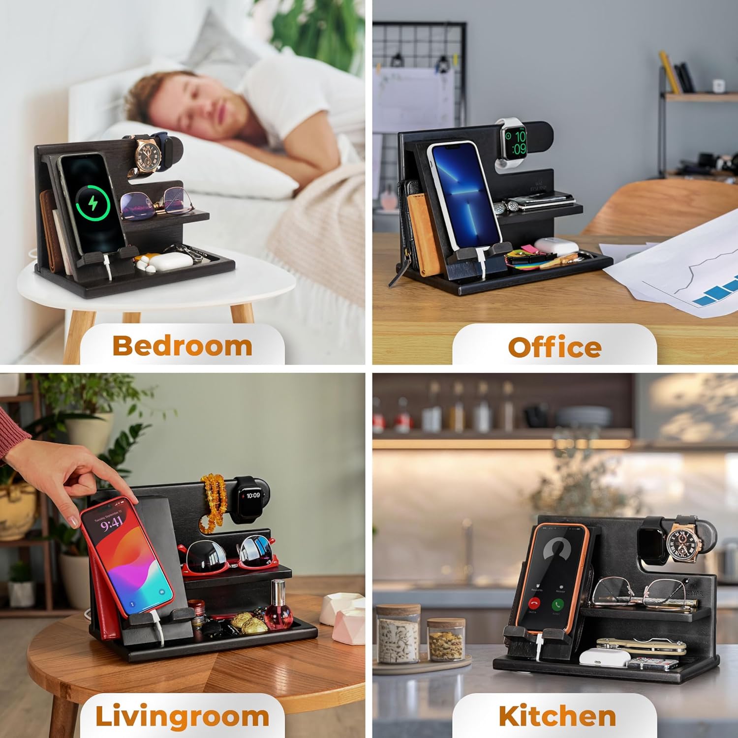 Thumbnail 5 de TESLYAR Wood Phone Docking Station – Nightstand & Desk Organizer (Black)