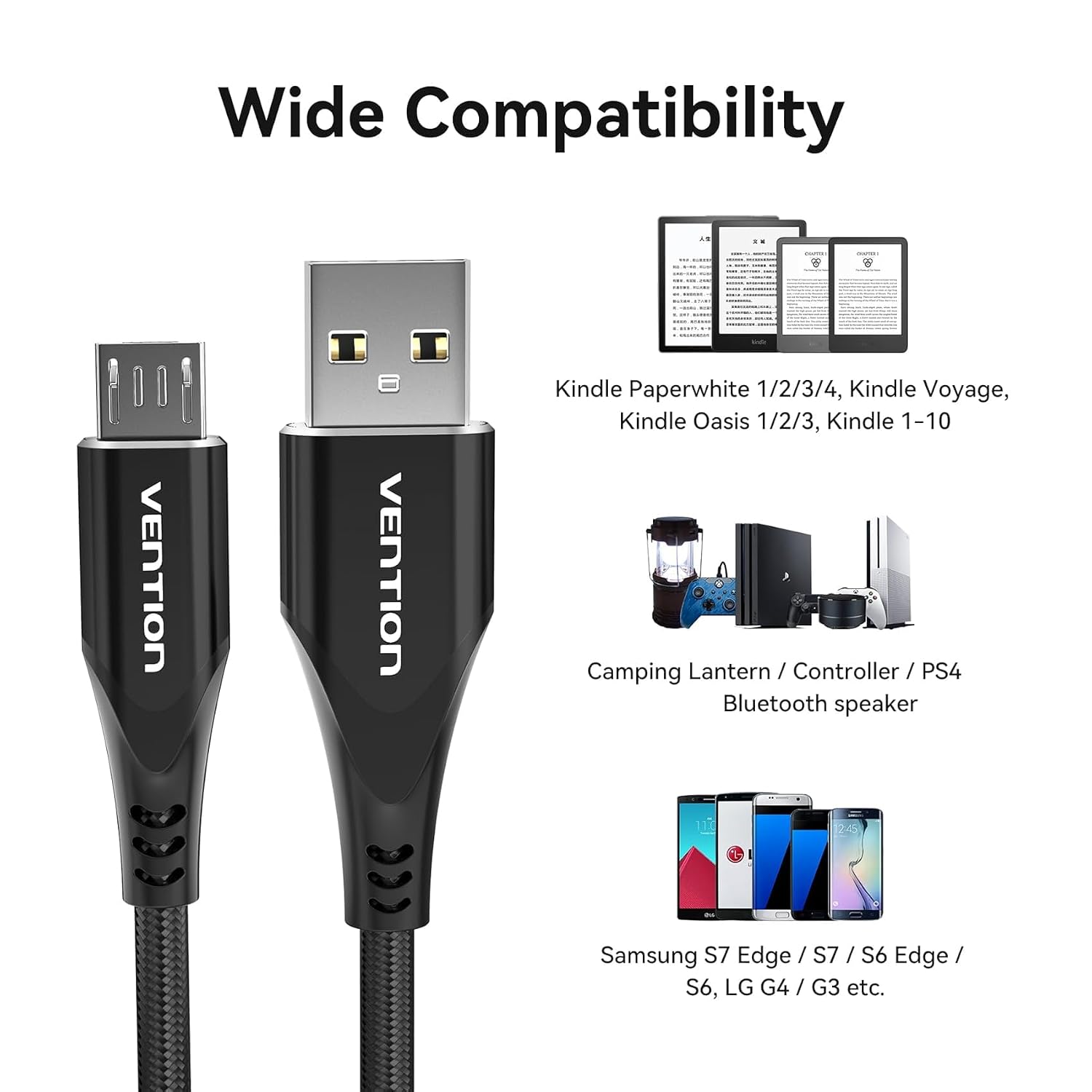Detalle 2 de Vention Micro USB Cable 3m (Black) – nylon braided charger for Kindle Fire, Android devices and controllers