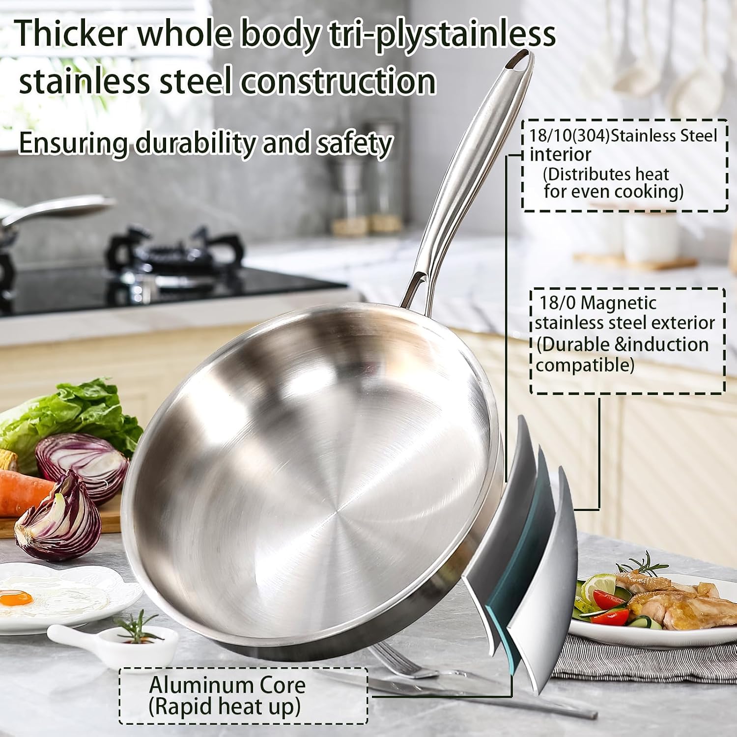 Detalle de DELARLOCHEF Dreilagige Edelstahl-Bratpfanne mit Deckel, 24 cm – induktionsgeeignet und ohne Beschichtung