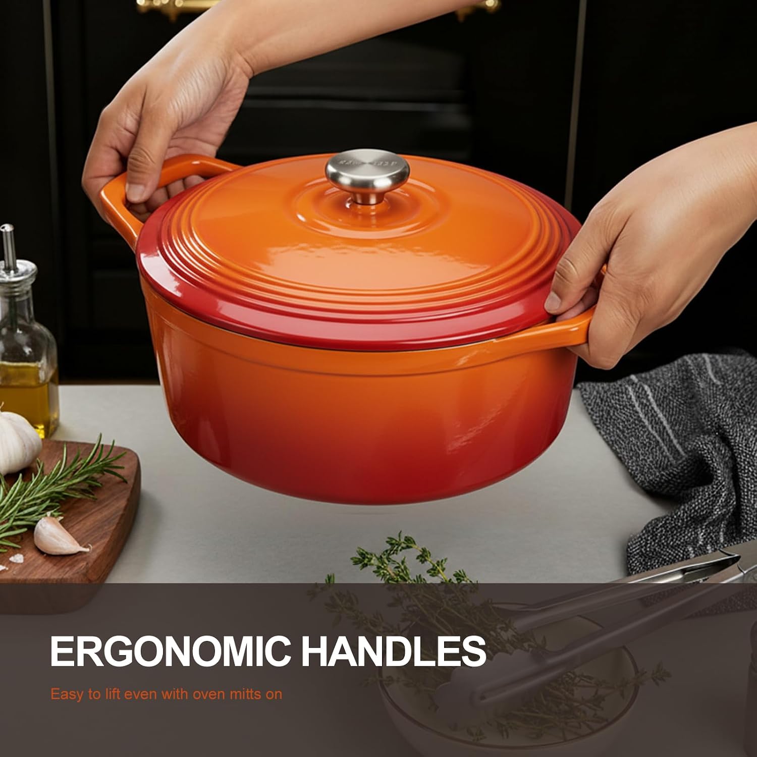 Thumbnail 2 de Overmont Enameled Cast Iron Dutch Oven 5.5QT with Wide Handles and Lid: Heavy-Duty, Pre-Seasoned, Oven Safe to 500°F