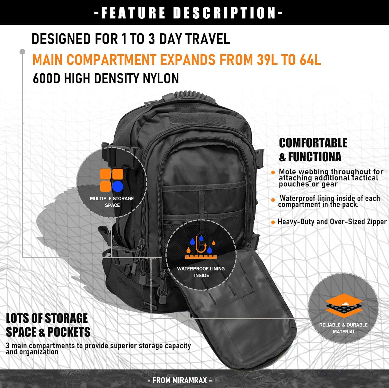 Thumbnail 4 de Miramrax Tactical Backpack Military Army Daypack (MOLLE) — Expandable 3-Day Assault Pack for Hiking, Camping & Travel