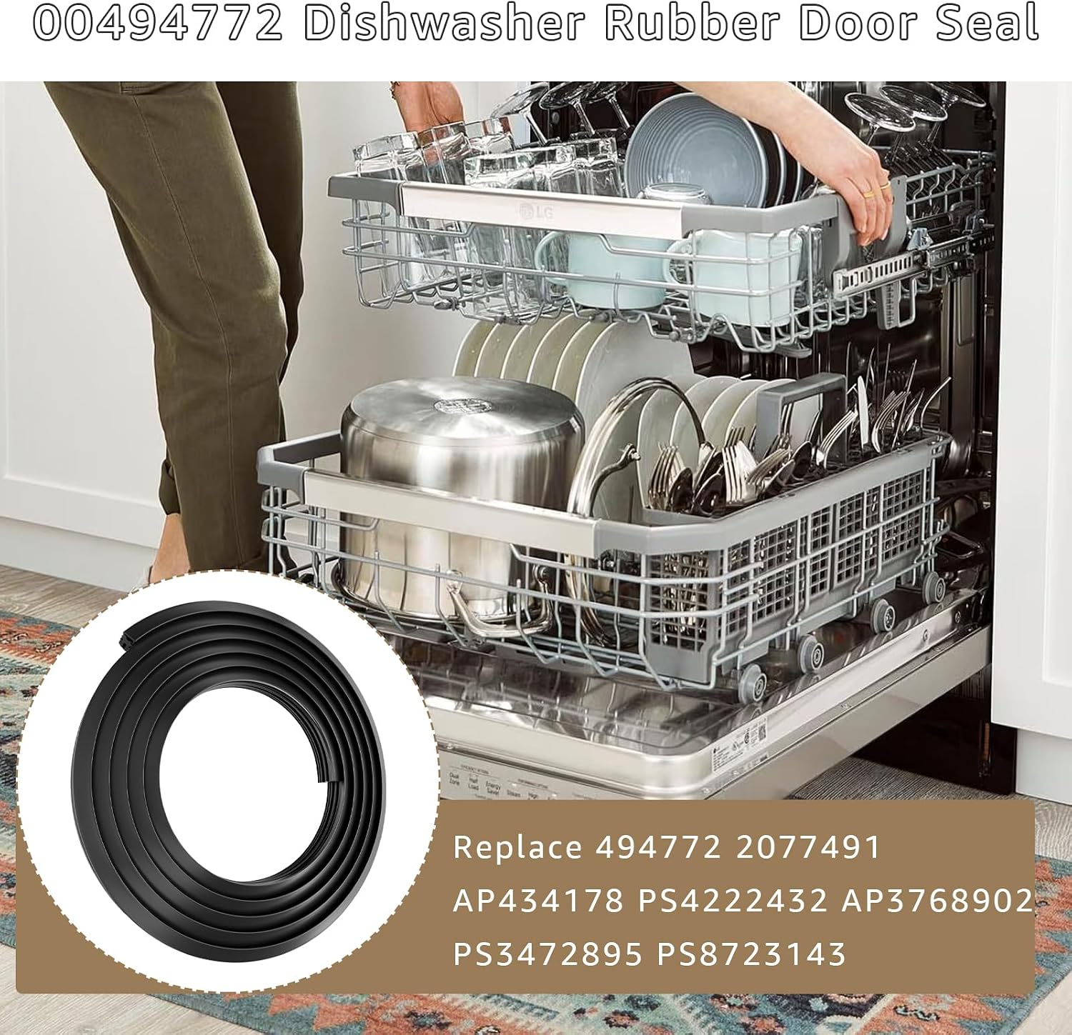 Thumbnail 2 de Aomitop X-127 Dishwasher Door Seal for 00494772, 71-Inch Black Rubber