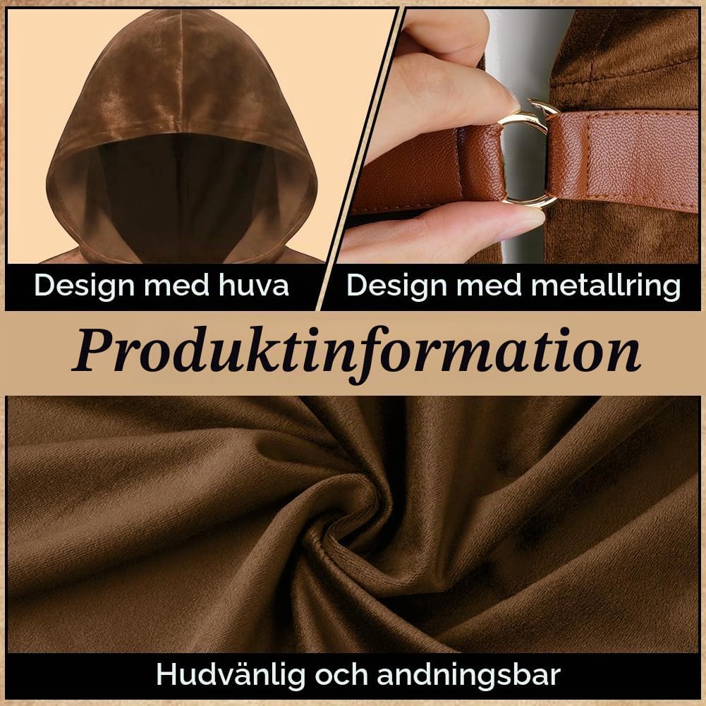 Detalle de BSBUY medeltida sammetskappa med huva, bladbrosch och halsband