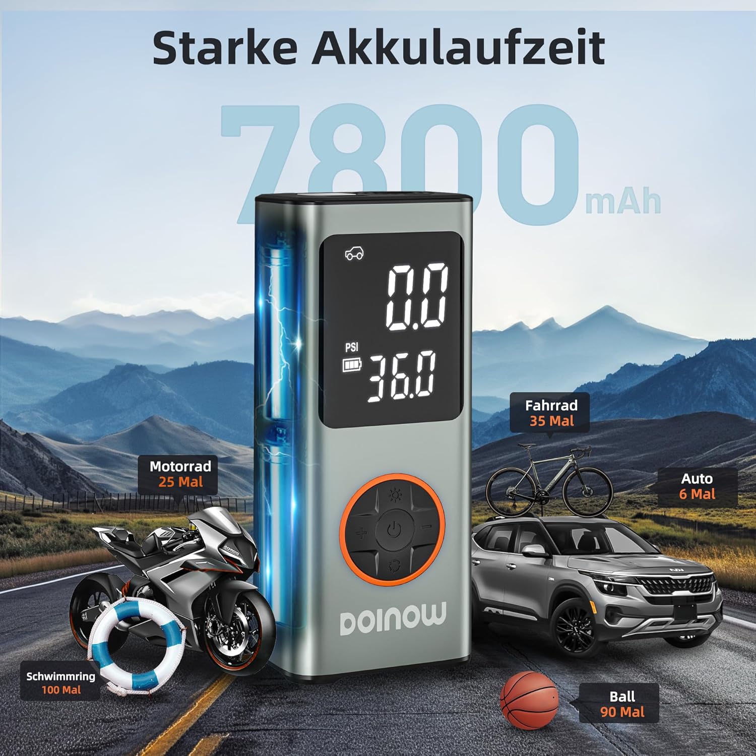 Detalle de DOINOW Kabellose Fahrradpumpe Elektrisch – 150 PSI, 4 voreingestellte Modi, LED-Licht, USB-C Powerbank