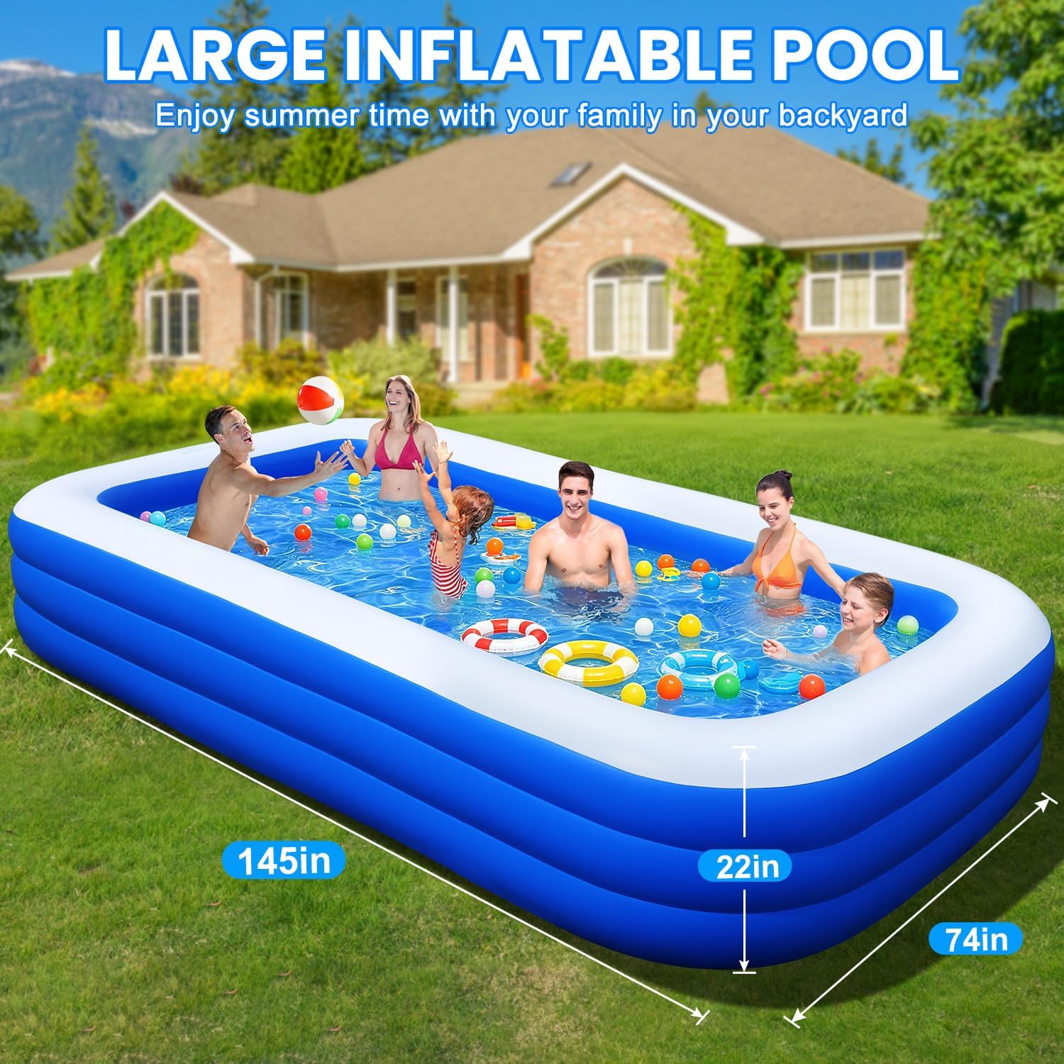 Detalle de BEFAMALI Extra Large Inflatable Pool for Adults, 145" x 74" x 22