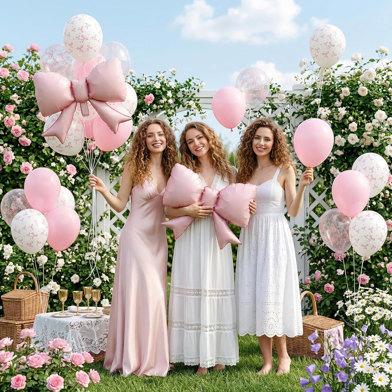 Thumbnail 4 de FEYG Pink Bow Balloon Set, 12-Inch Pink and White Balloons with Foil Bows