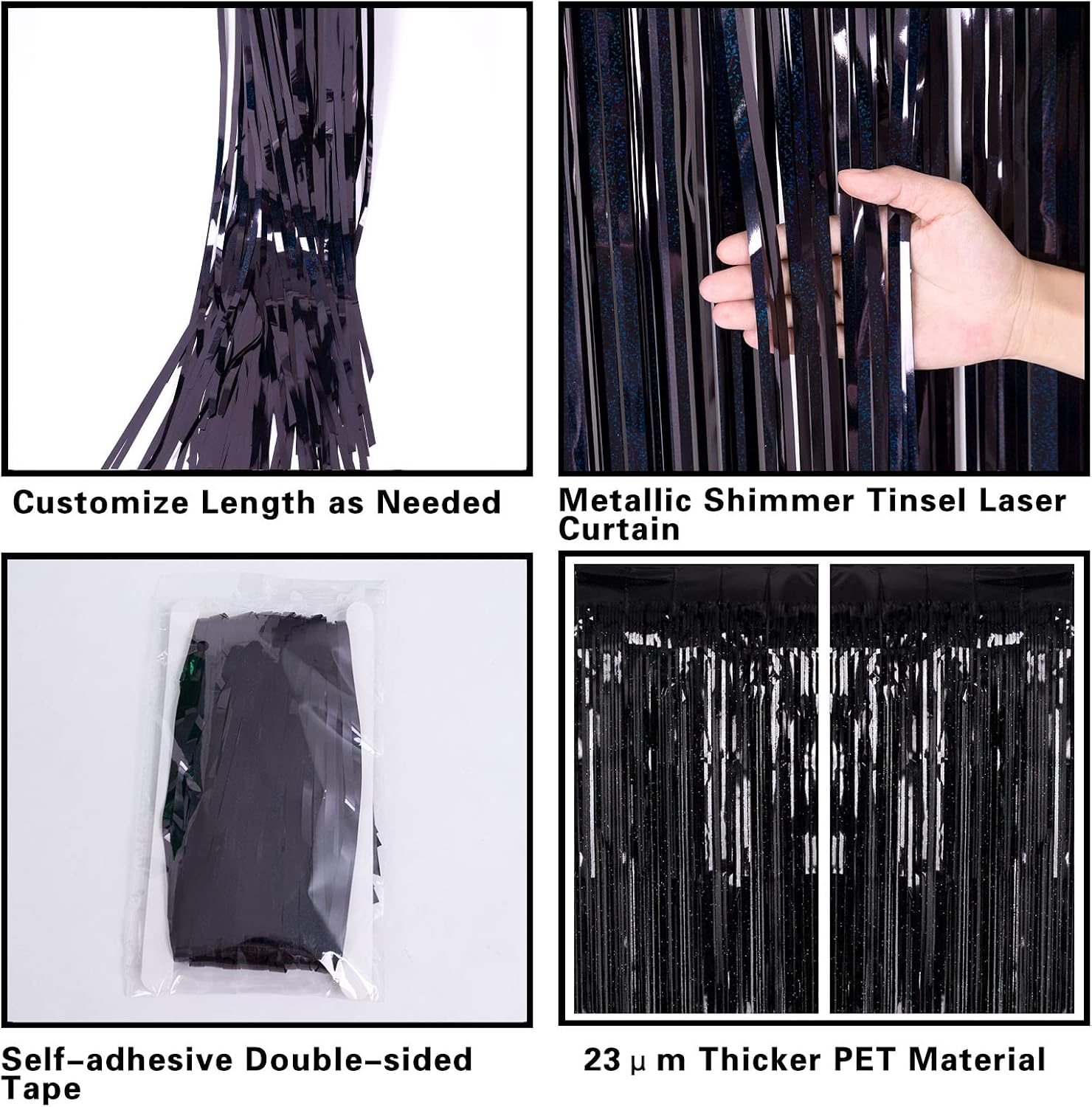 Thumbnail 3 de 2 Pack 3.2ft x 8.2ft Black Tinsel Foil Fringe Curtain – Sparkly Backdrops for Photo Booths