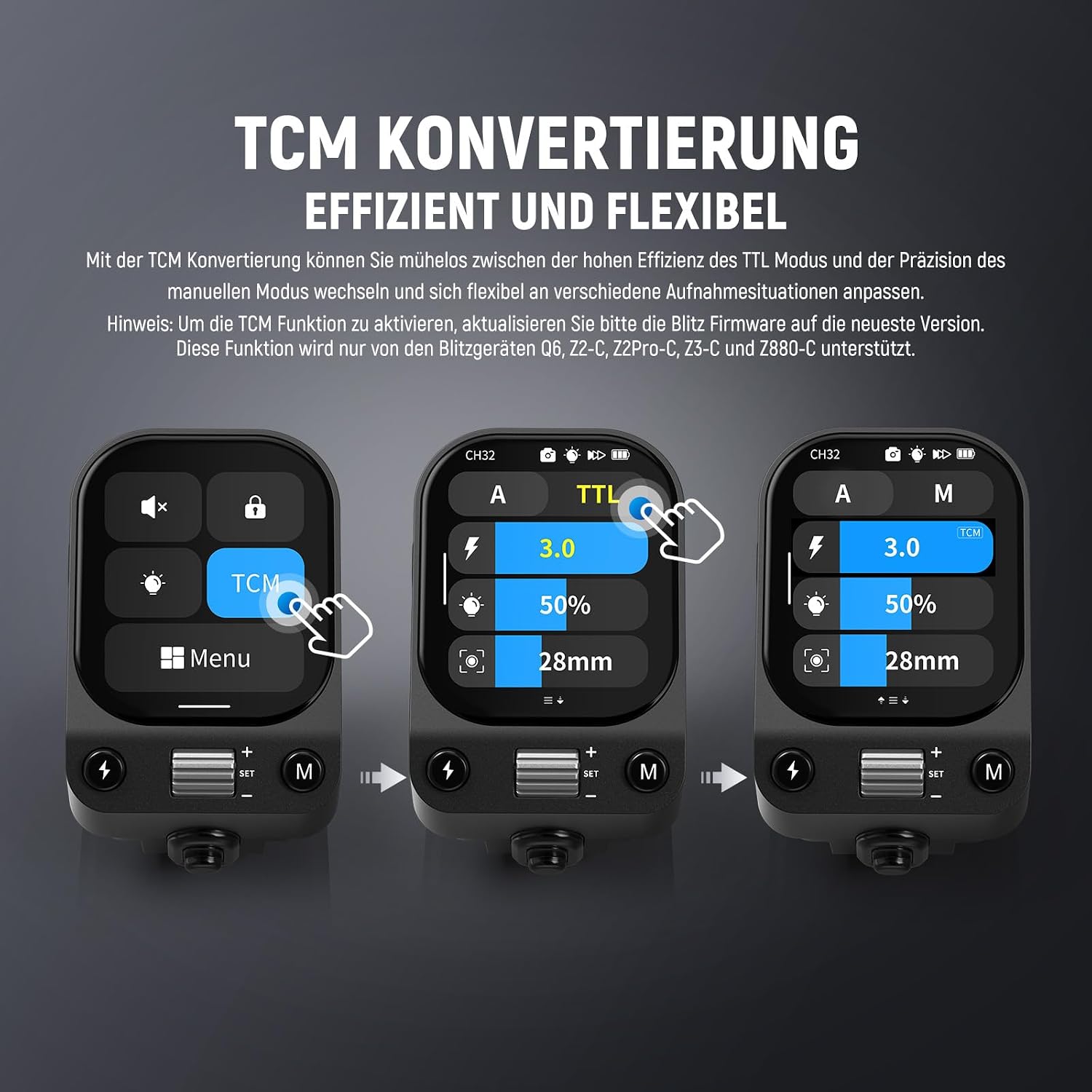 Detalle de NEEWER QZ-C TTL Funk-Blitzauslöser für Canon mit OLED-Touchscreen, 1/8000s HSS und 1000-mAh Akku