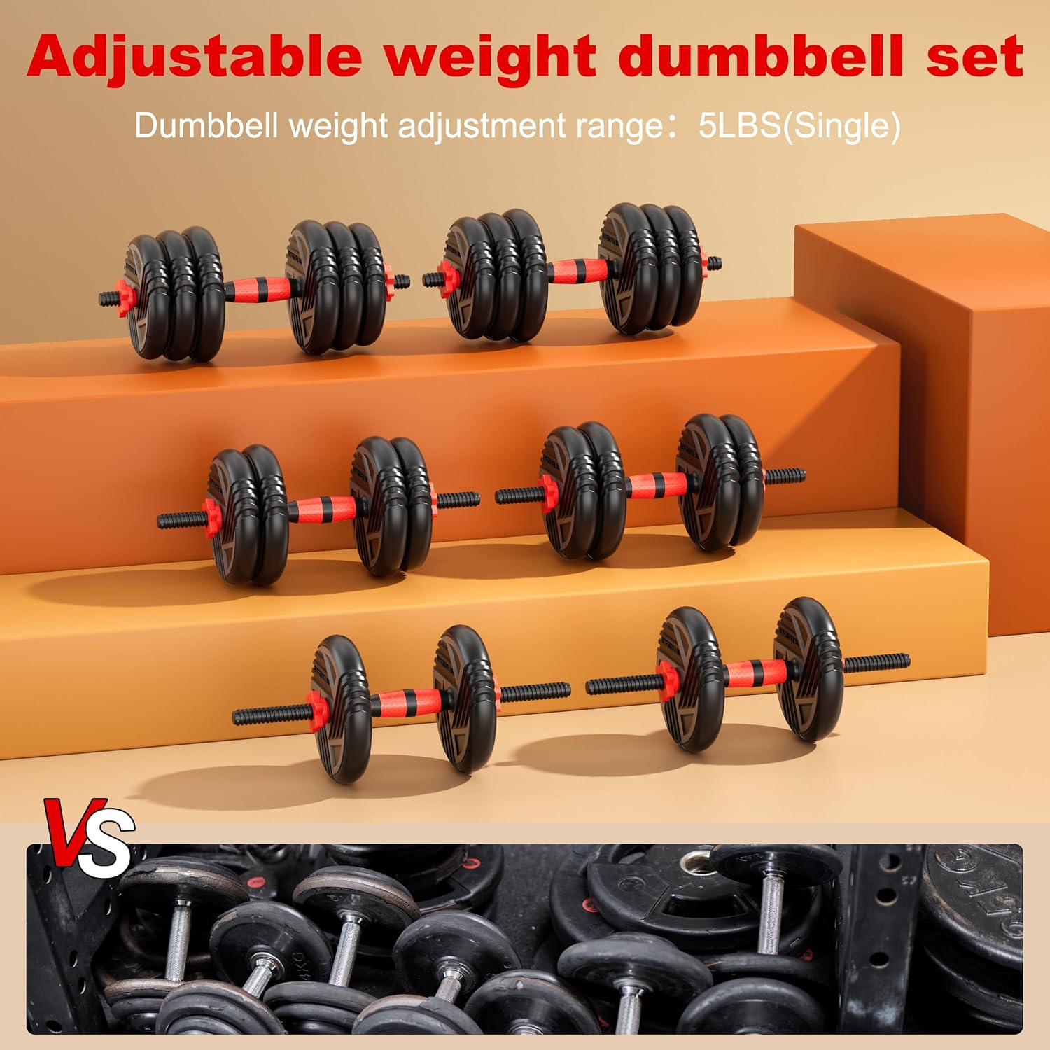 Detalle de Adjustable Dumbbell Set 20/30/45/70/90lbs — 5-in-1 Multi-Function Free Weights (Dumbbells, Barbell, Kettlebell, Push-Up Stand) for Home Gym