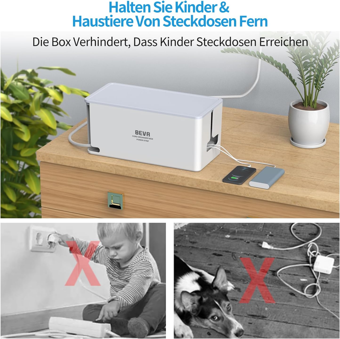 Detalle de Kabelbox mit versteckter Mehrfachsteckdose – 10-in-1, 3680W/16A, 1050J Überspannungsschutz, 2 m Kabel, 6 Steckdosen + 3 USB-A + 1 USB-C