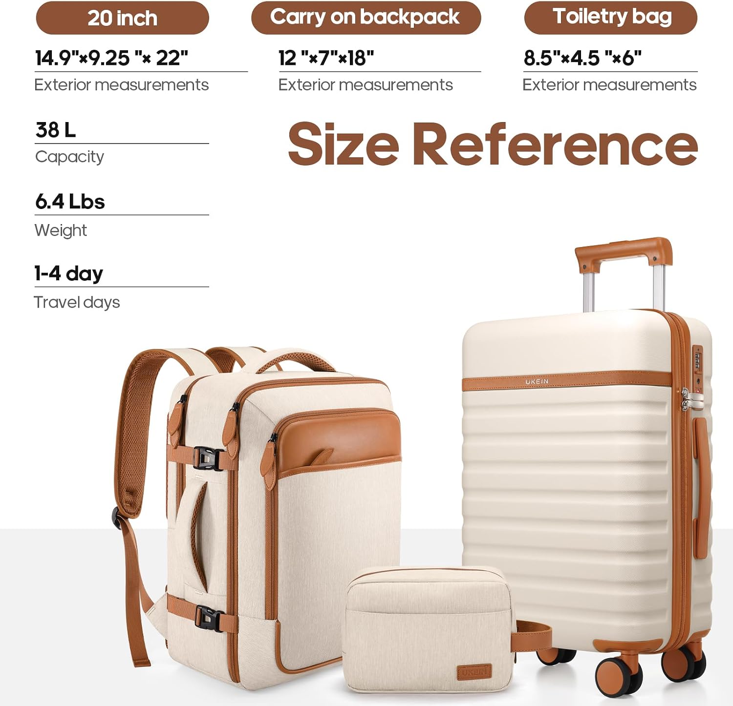 Thumbnail 6 de UKEIN 3-Piece Luggage Set: 20-Inch Carry-On with TSA Lock and Travel Backpack (Beige)