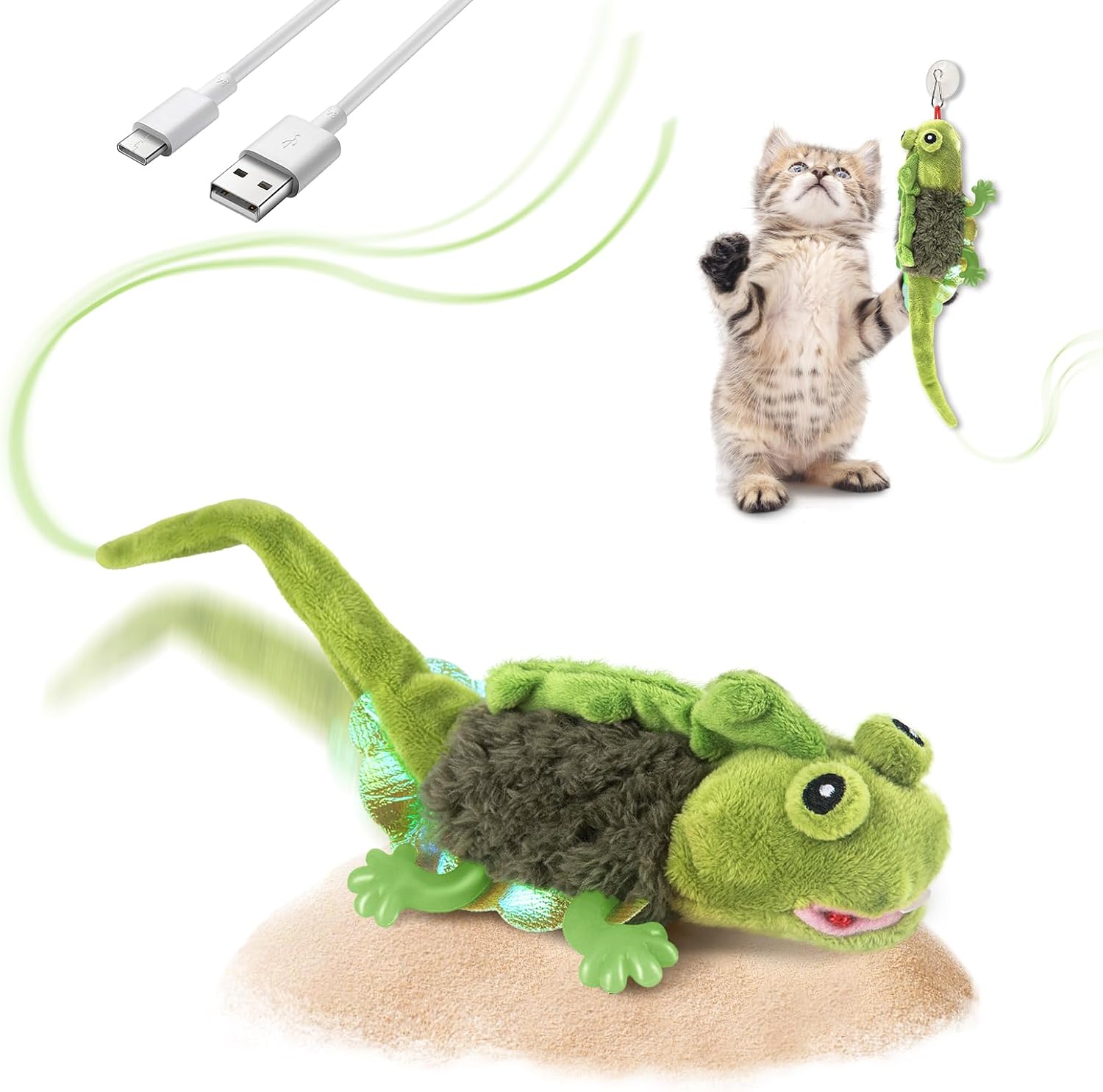 Detalle de Migipaws touch-activated flapping chirping lizard kitten toy (USB rechargeable)