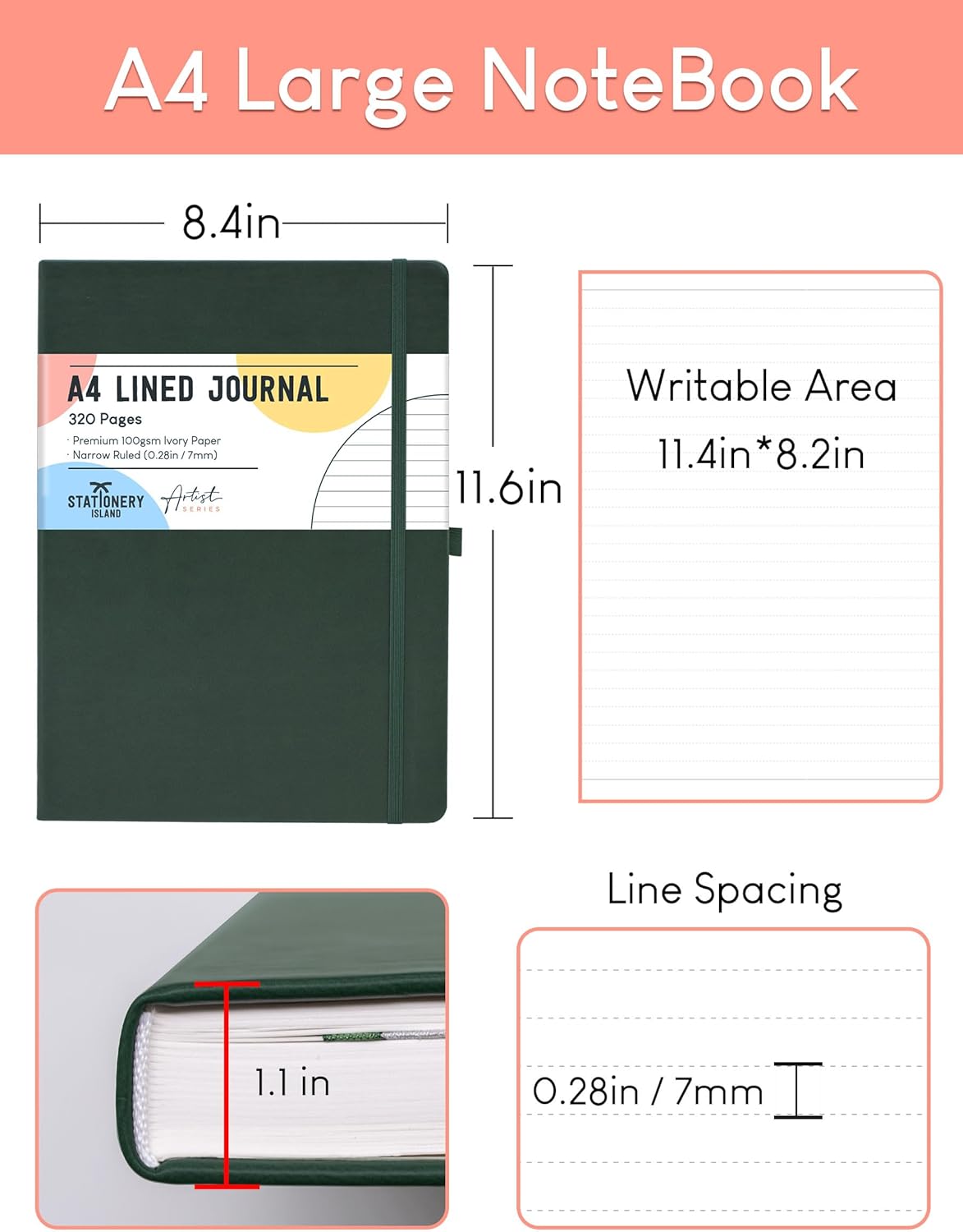Thumbnail 3 de STATIONERY ISLAND Carnet ligné A4 à couverture rigide (320 pages) – Myrtille