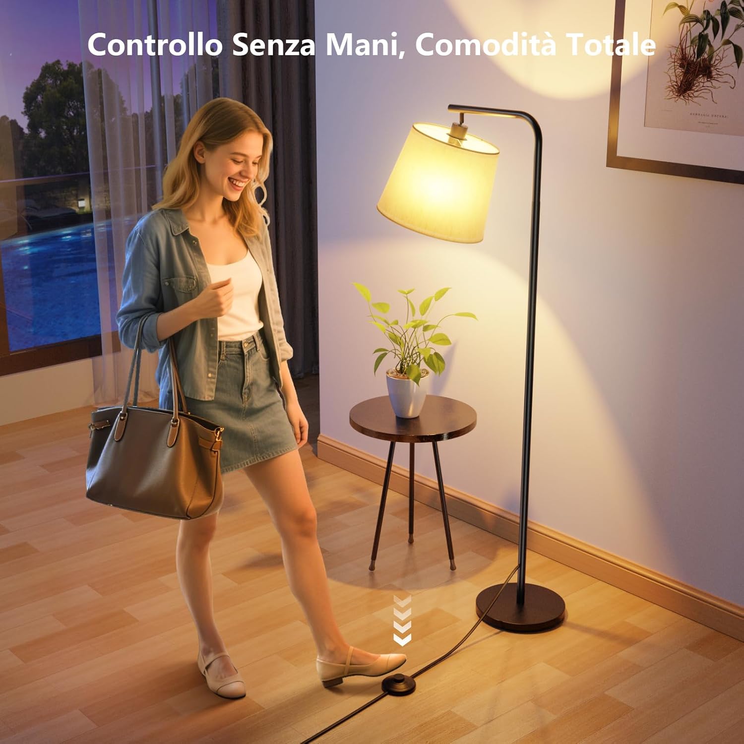 Thumbnail 1 de SUWIN Lampada da Terra dimmerabile con telecomando magnetico e paralume in lino beige
