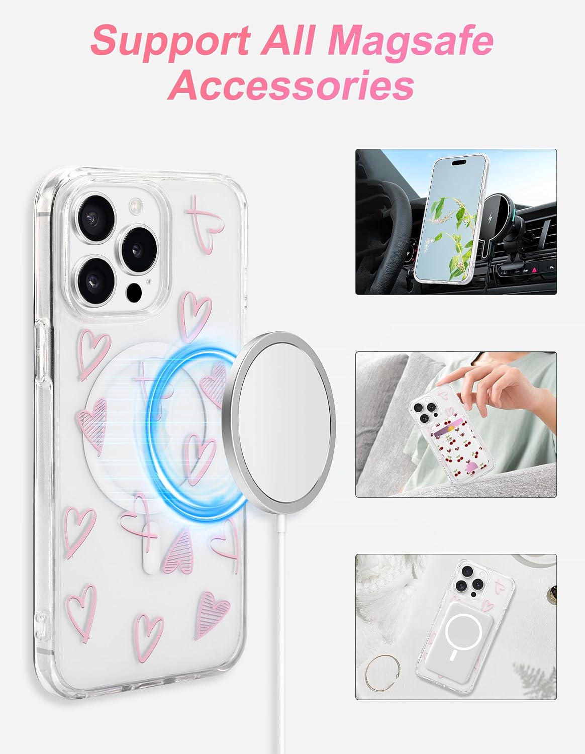 Detalle 2 de Jusy Magnetic Heart Case for iPhone 14 Pro Max, Pink TPU, MagSafe-Compatible
