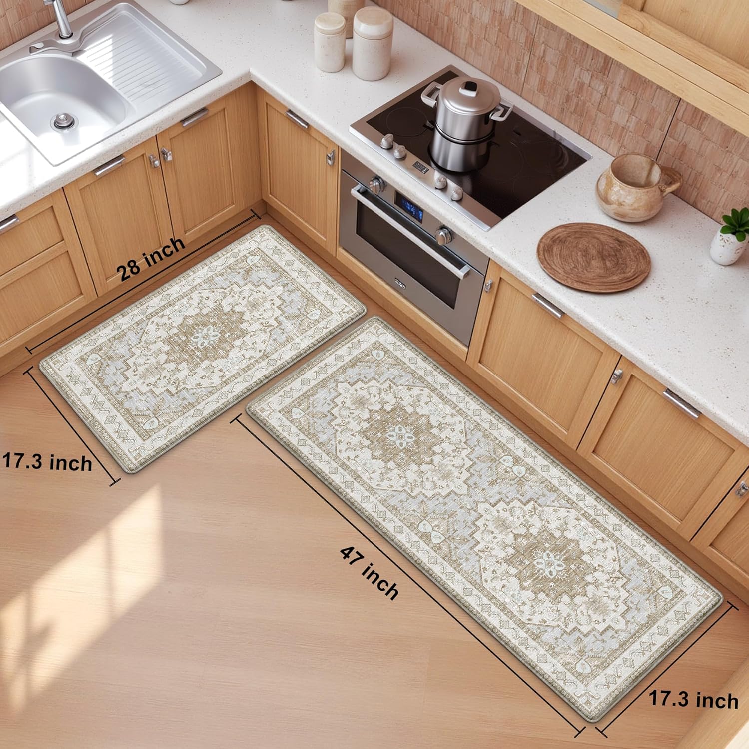 Thumbnail 1 de Boho Kitchen Mats 2-Piece Anti-Fatigue Cushioned PVC Set (Non-Slip, Waterproof) — Beige Tan