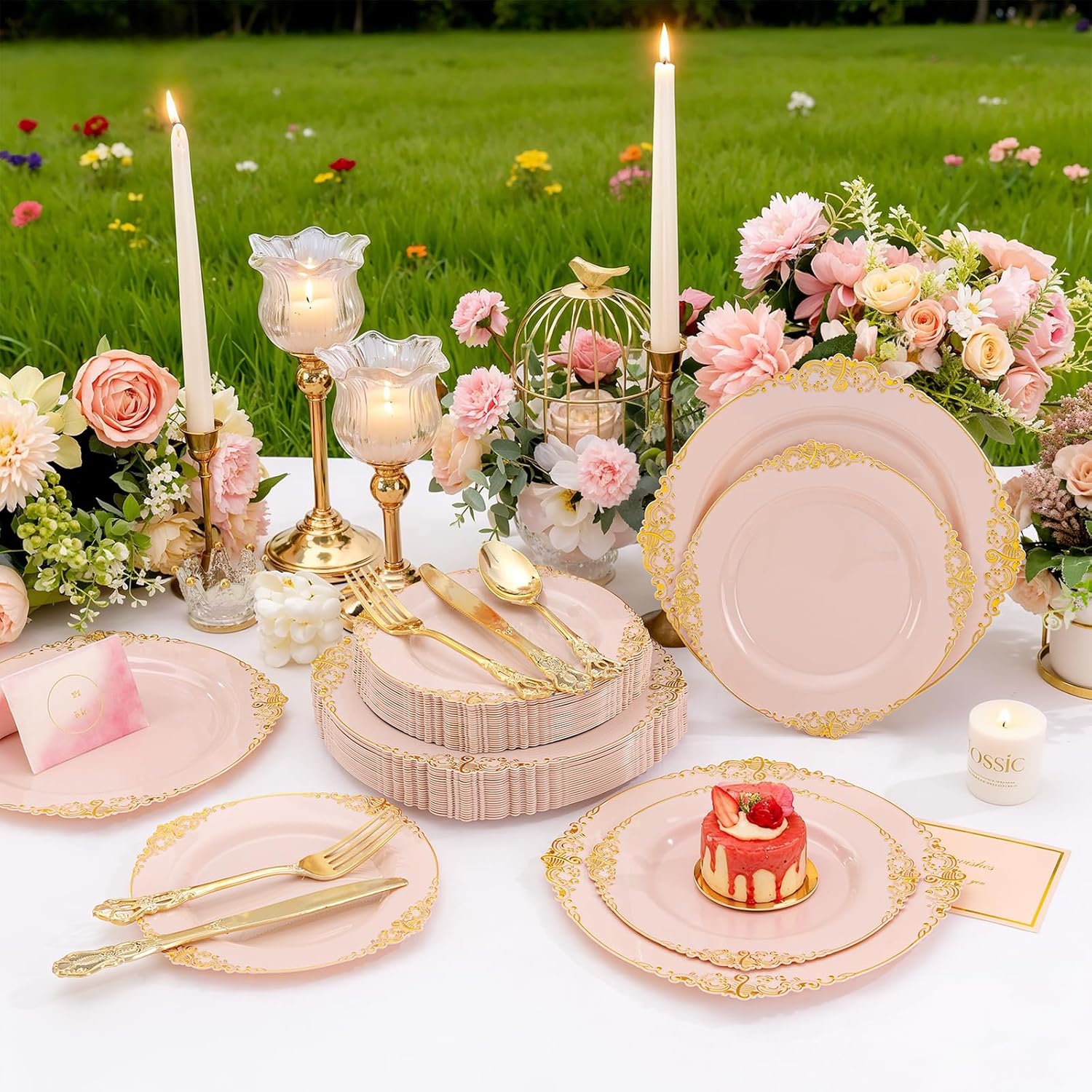 Detalle de Joyido 102PCS Pink & Gold Plastic Plates Set (Dinner + Dessert) for Weddings & Parties