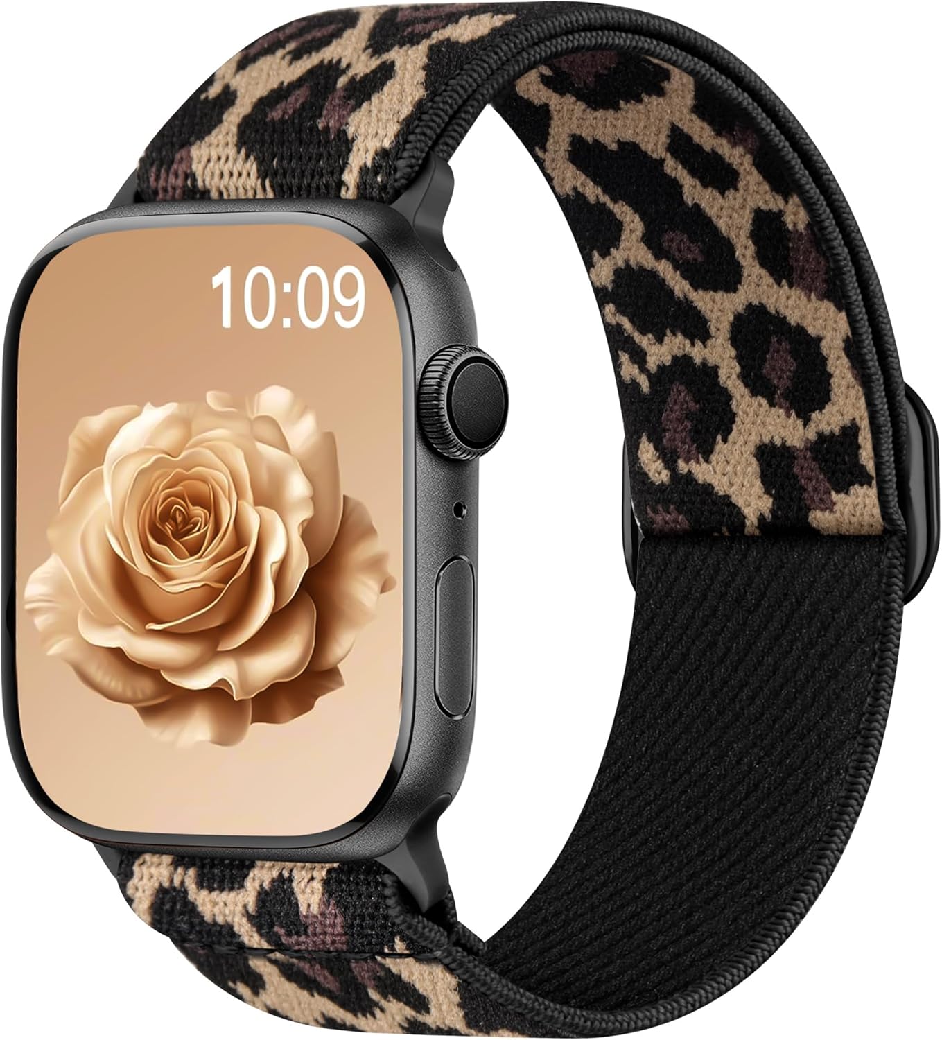 Detalle de Maledan Solo Loop Nylon Strap for Apple Watch – Leopard, Stretchy Nylon Band (44/45/46/49/42mm)