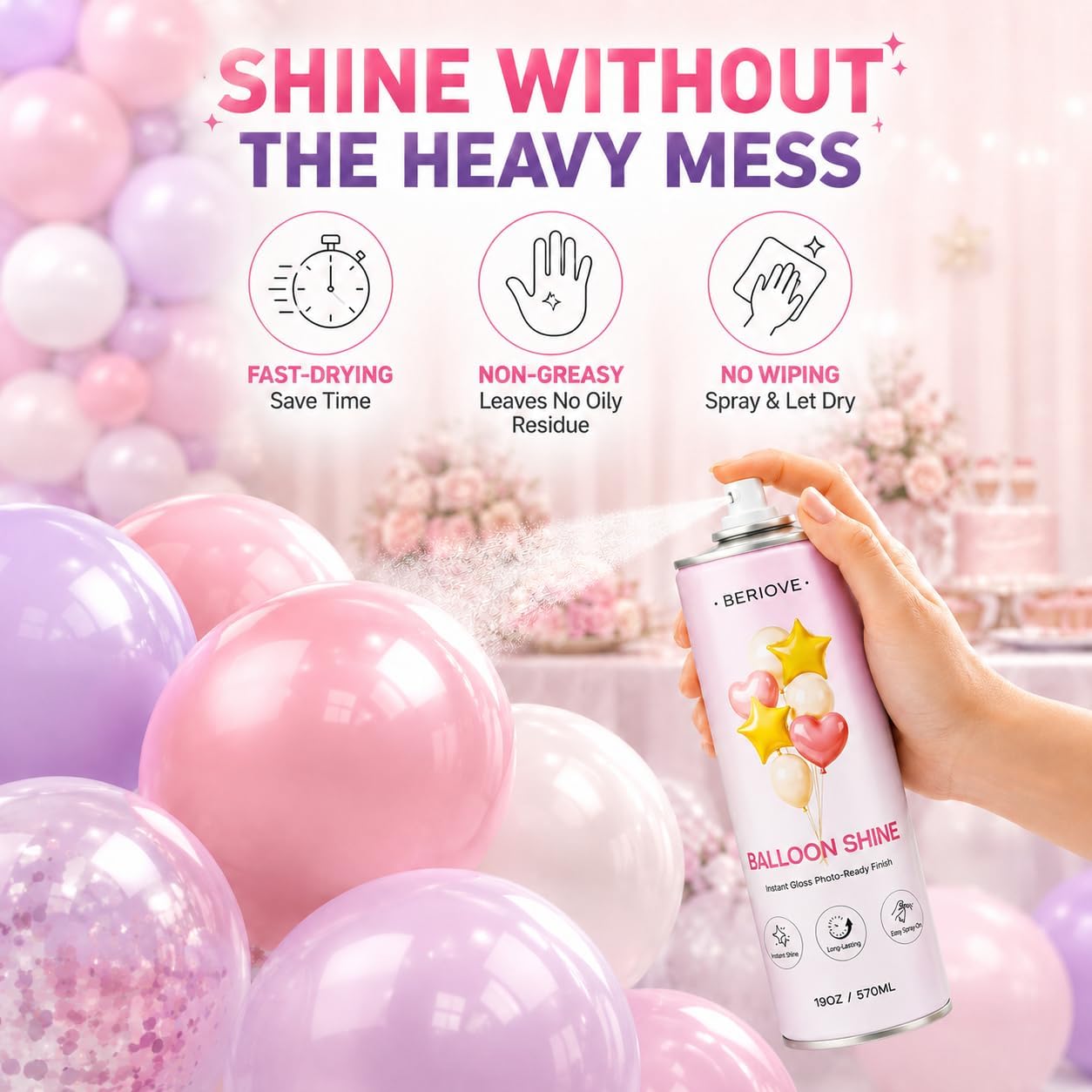 Detalle 1 de BERIOVE Balloon Shine Spray, 19 oz Fast-Drying Gloss for Latex Balloons