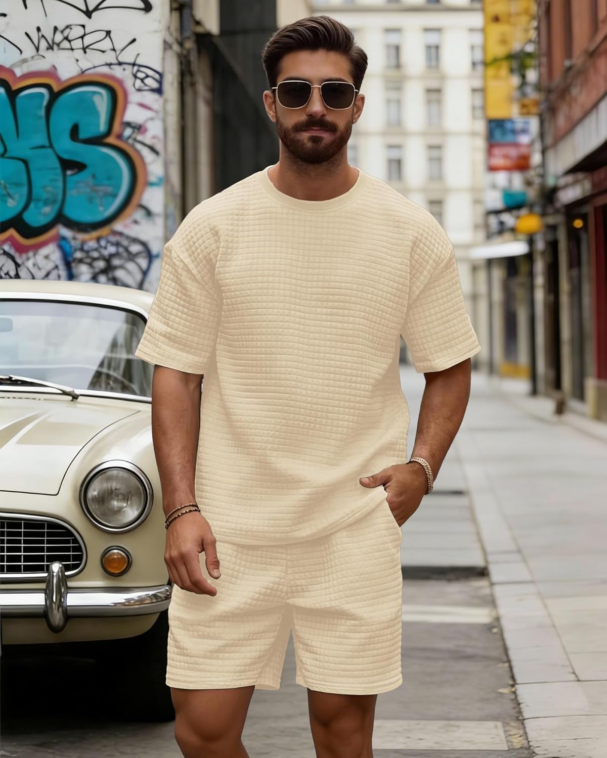 Detalle de KUYIGO Men's 2-Piece Waffle Tracksuit Set: Short Sleeve Top & Joggers