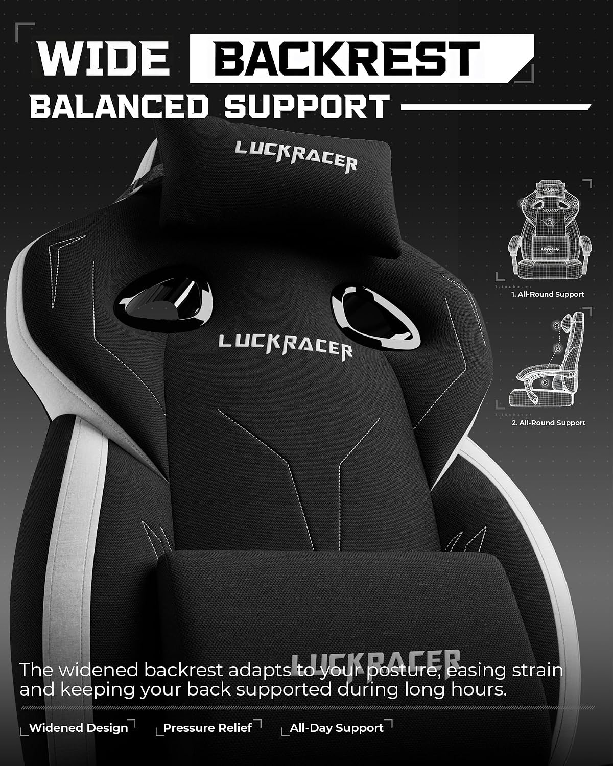 Detalle de LUCKRACER LR408 gamingstoel van stof met traagschuim, voetsteun en verstelbare rugleuning