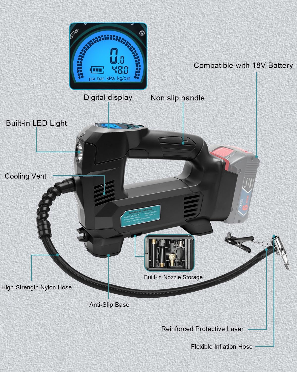 Thumbnail 5 de Waitley Akku-Luftkompressor für Bosch 18V Akkus (max. 11 bar) mit digitalem Manometer – für Auto, Motorrad, Fahrrad & Bälle