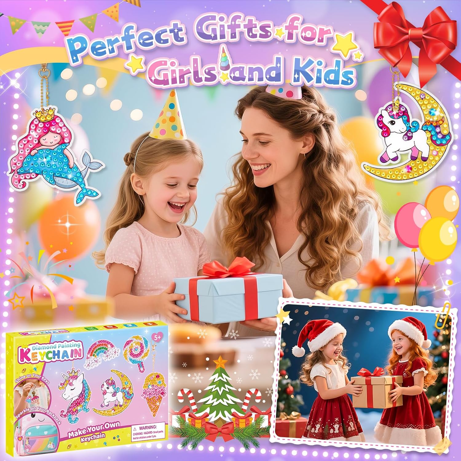 Detalle 2 de Diamond Painting Art Keychain Kit for Girls (Unicorn) – DIY Gem Keyring Craft Set (Age 5–10)